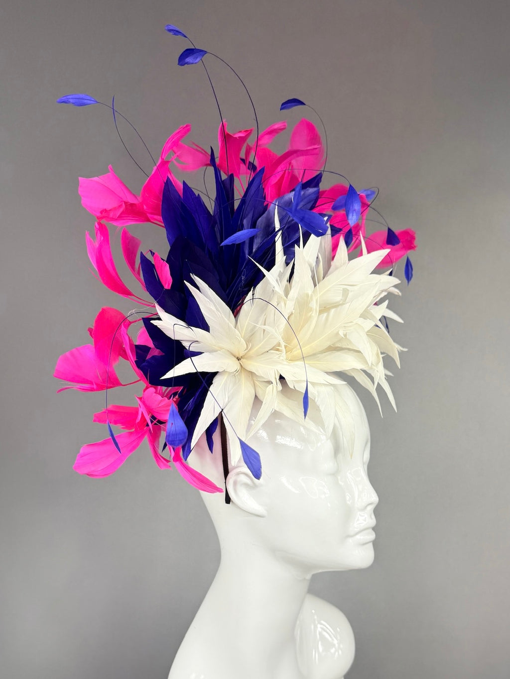 Kentucky Derby Fascinator Hat |  White, navy, and pink feathered  Headpiece | Derbyologie