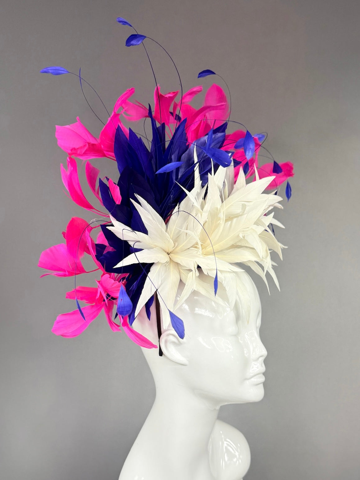 Kentucky Derby Fascinator Hat |  White, navy, and pink feathered  Headpiece | Derbyologie