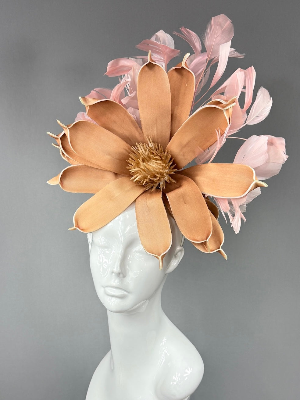 Kentucky Derby Fascinator Hat | Brown daisy and pink feathered Headpiece | Derbyologie