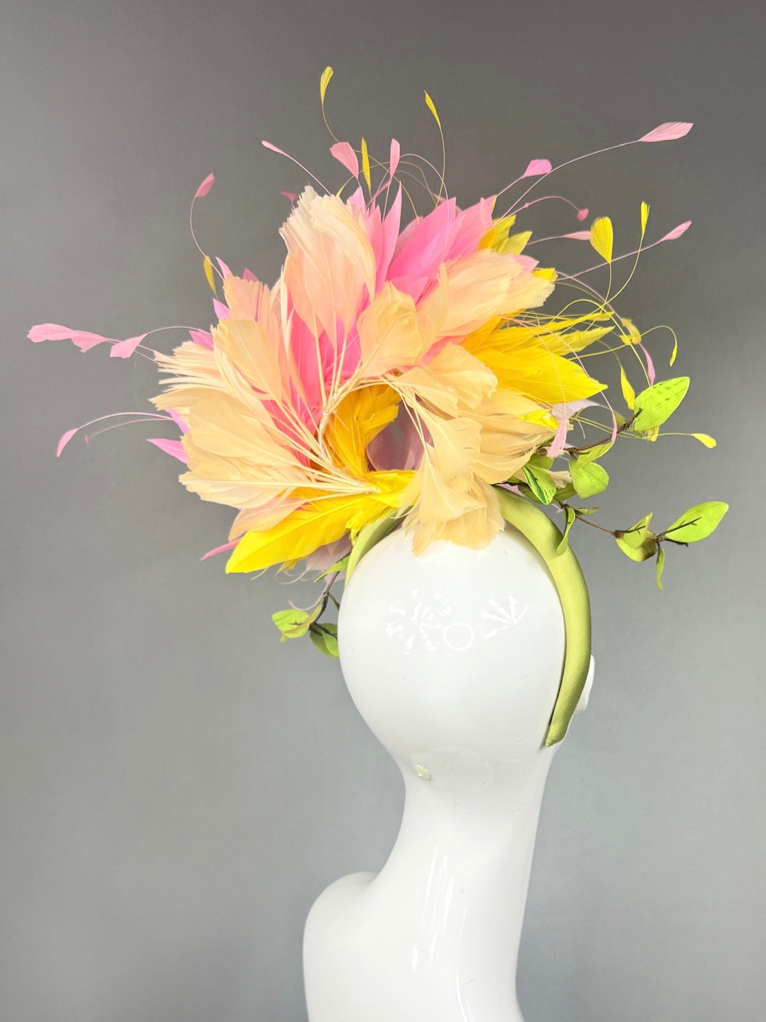 Kentucky Derby Fascinator Hat |  Pink and yellow feathers and leaves Headpiece | Derbyologie