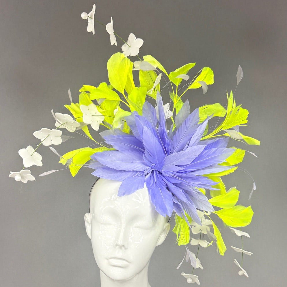 Kentucky Derby Fascinator Hat |  Purple and lime green feathers and white flowers Headpiece | Derbyologie