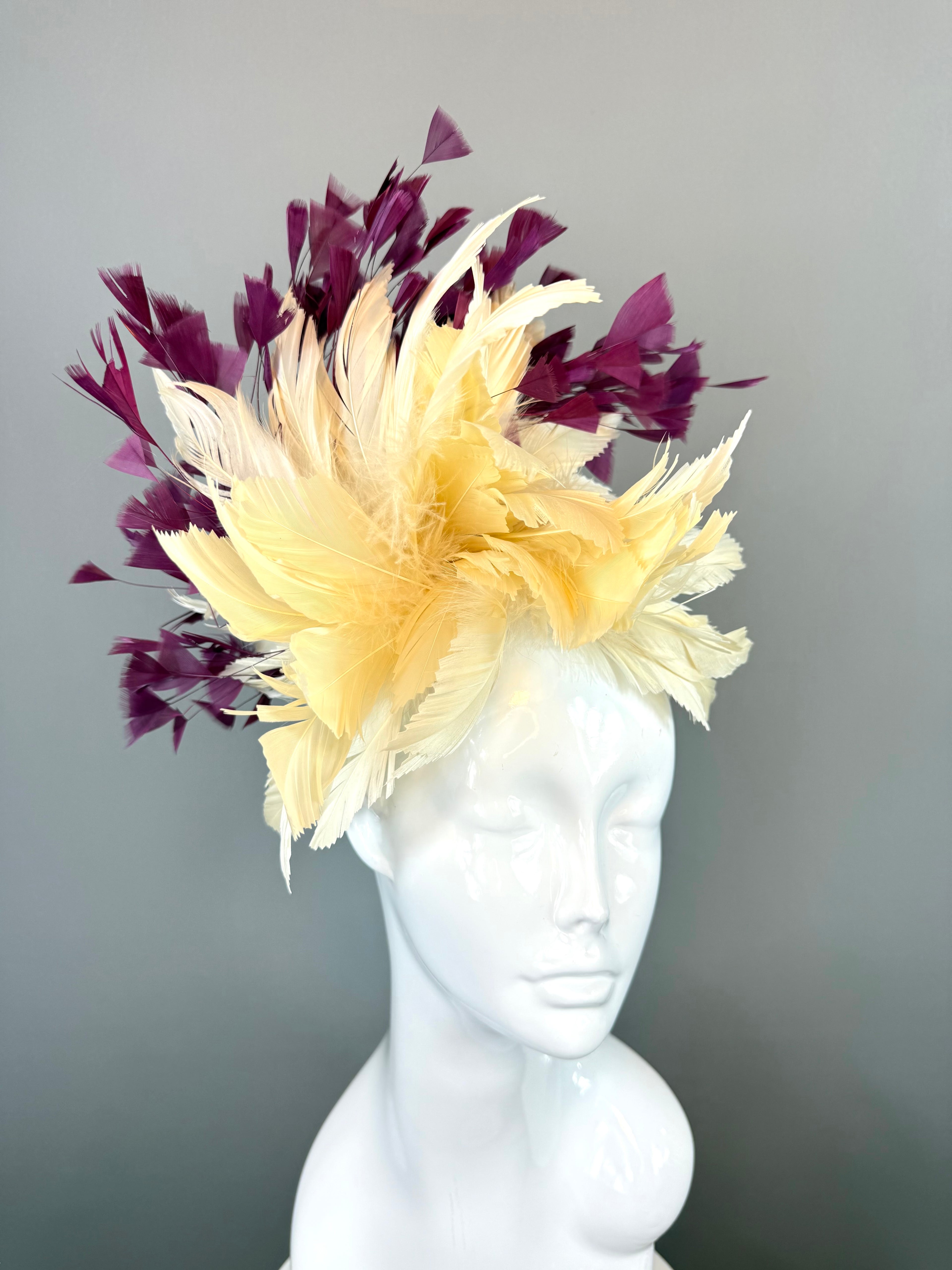 Kentucky Derby Fascinator Hat | Maroon Purple and Ivory Feather Headpiece | Derbyologie