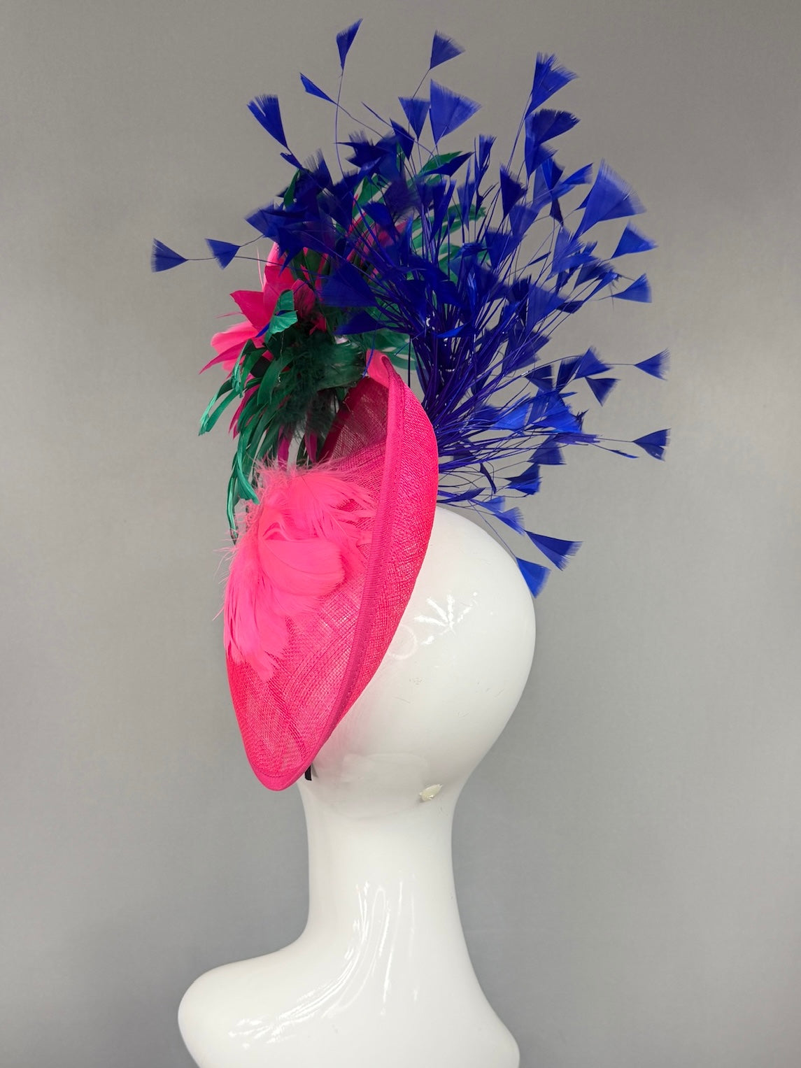 Kentucky Derby Fascinator Hat |  Pink and green feathered dahlia with blue feathers Headpiece | Derbyologie