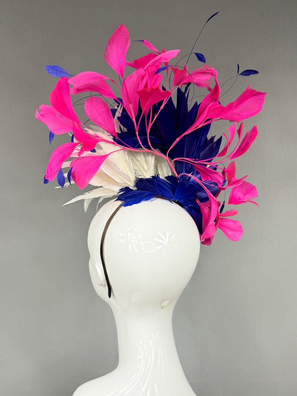 Kentucky Derby Fascinator Hat |  White, navy, and pink feathered  Headpiece | Derbyologie