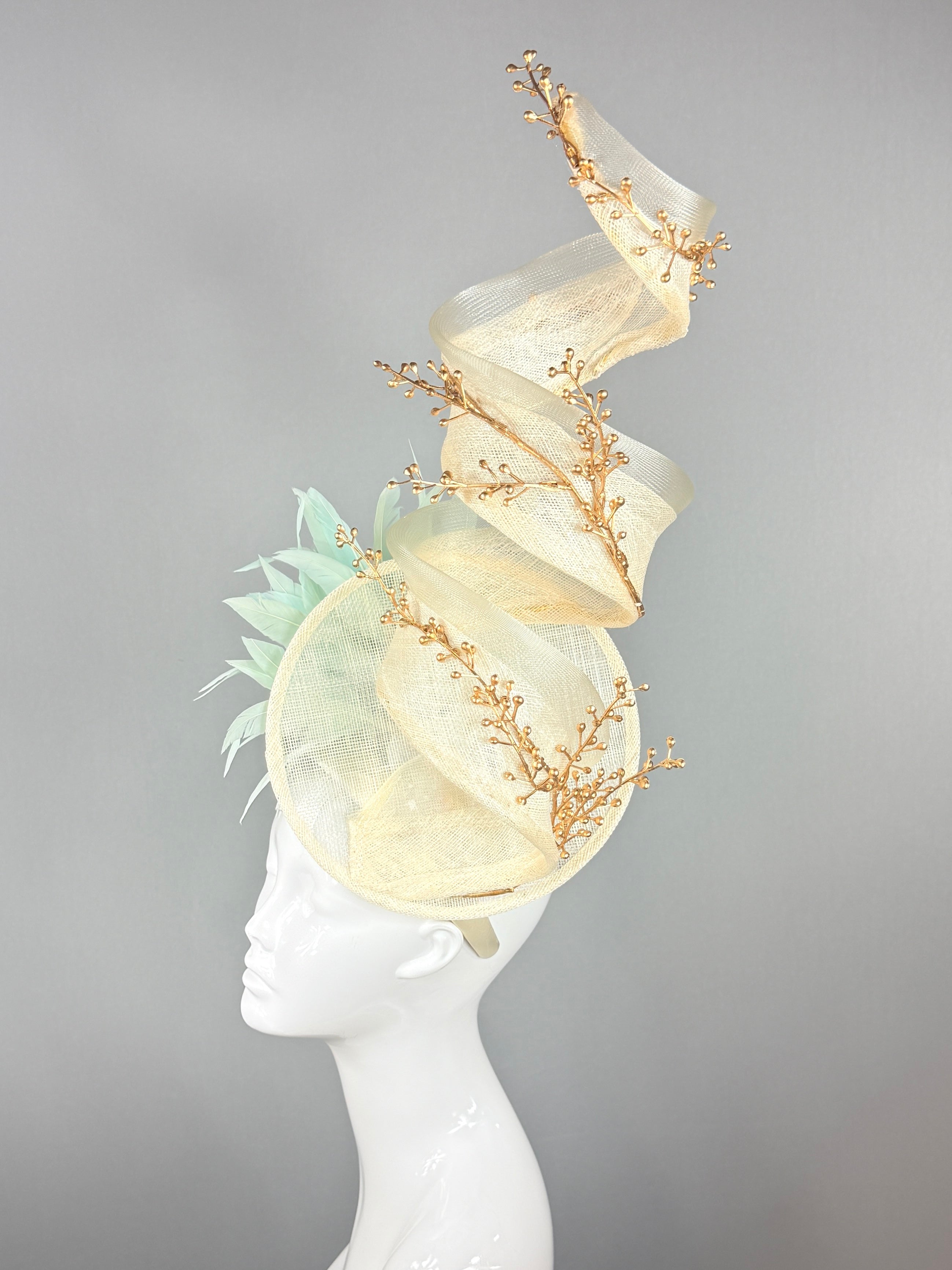 Kentucky Derby Fascinator Hat | Cream, gold, mint Headband Hat | Derbyologie