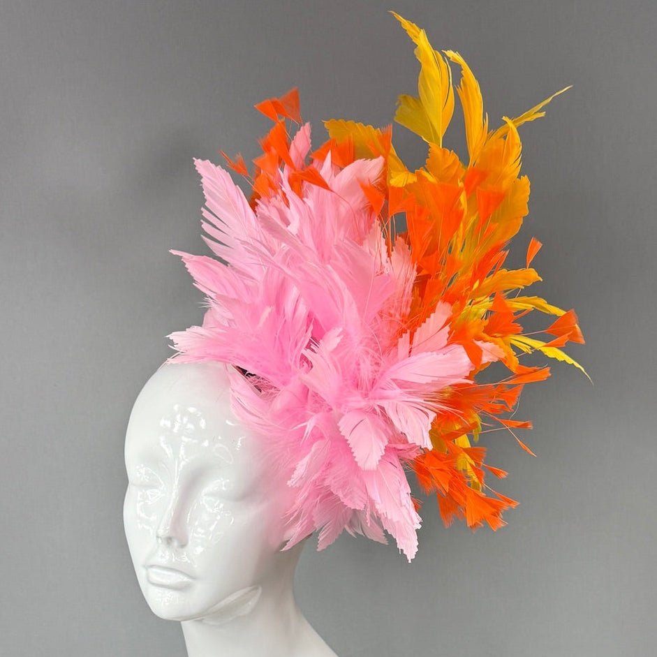 Kentucky Derby Fascinator Hat | Pink, Orange, and Yellow feathered Headpiece | Derbyologie