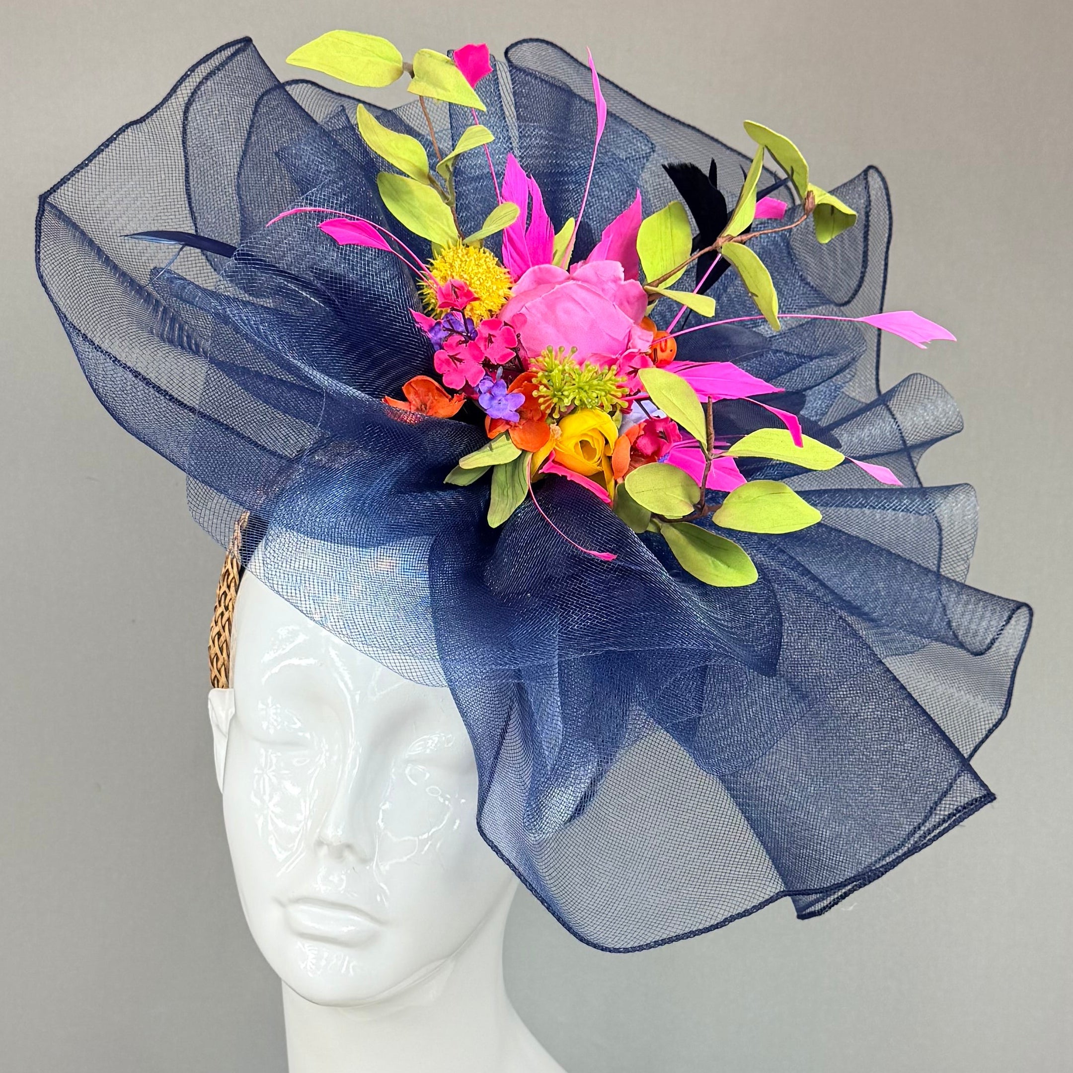 Kentucky Derby Fascinator Hat | Navy blue and colorful bouquet Headband Hat | Derbyologie