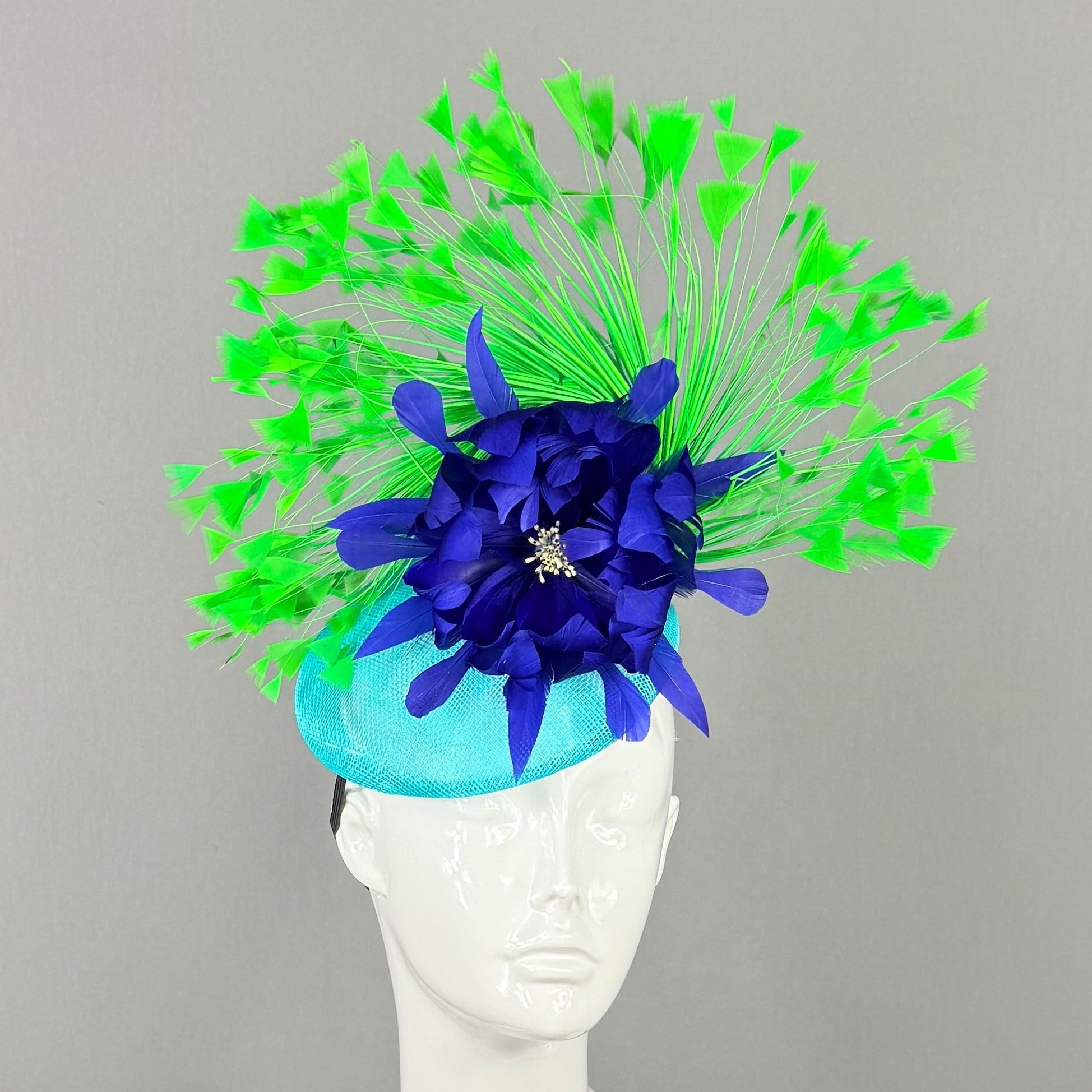Kentucky Derby Fascinator Hat | Green, Blue and Turquoise Feather Flower Headpiece | Derbyologie