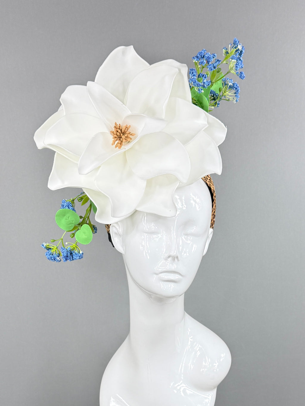 Kentucky Derby Fascinator Hat | White magnolia with blue and green flowers Headpiece | Derbyologie