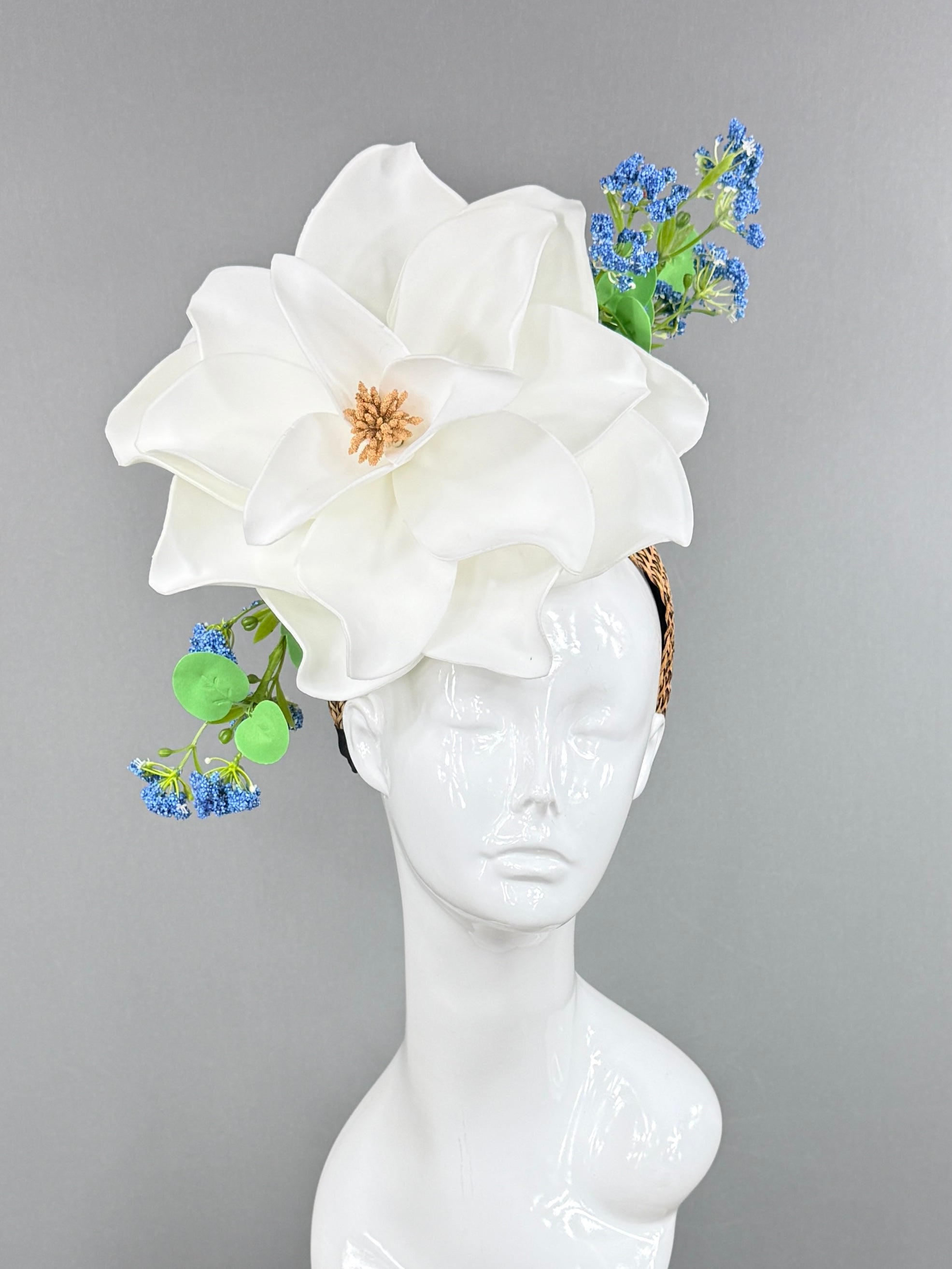 Kentucky Derby Fascinator Hat | White magnolia with blue and green flowers Headpiece | Derbyologie