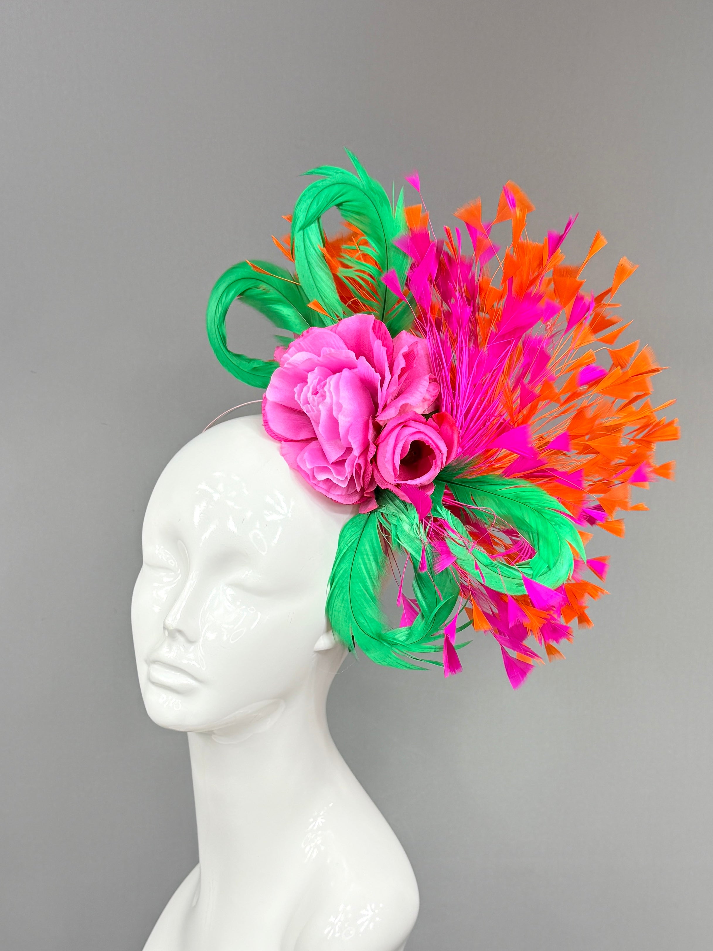 Kentucky Derby Fascinator Hat | Orange, pink, and green feathered Headband Hat | Derbyologie
