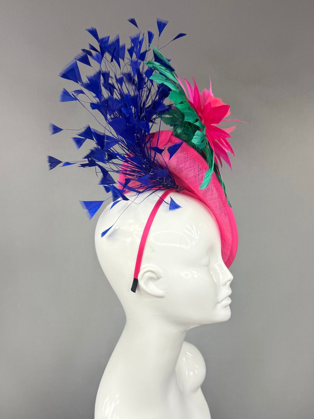 Kentucky Derby Fascinator Hat |  Pink and green feathered dahlia with blue feathers Headpiece | Derbyologie