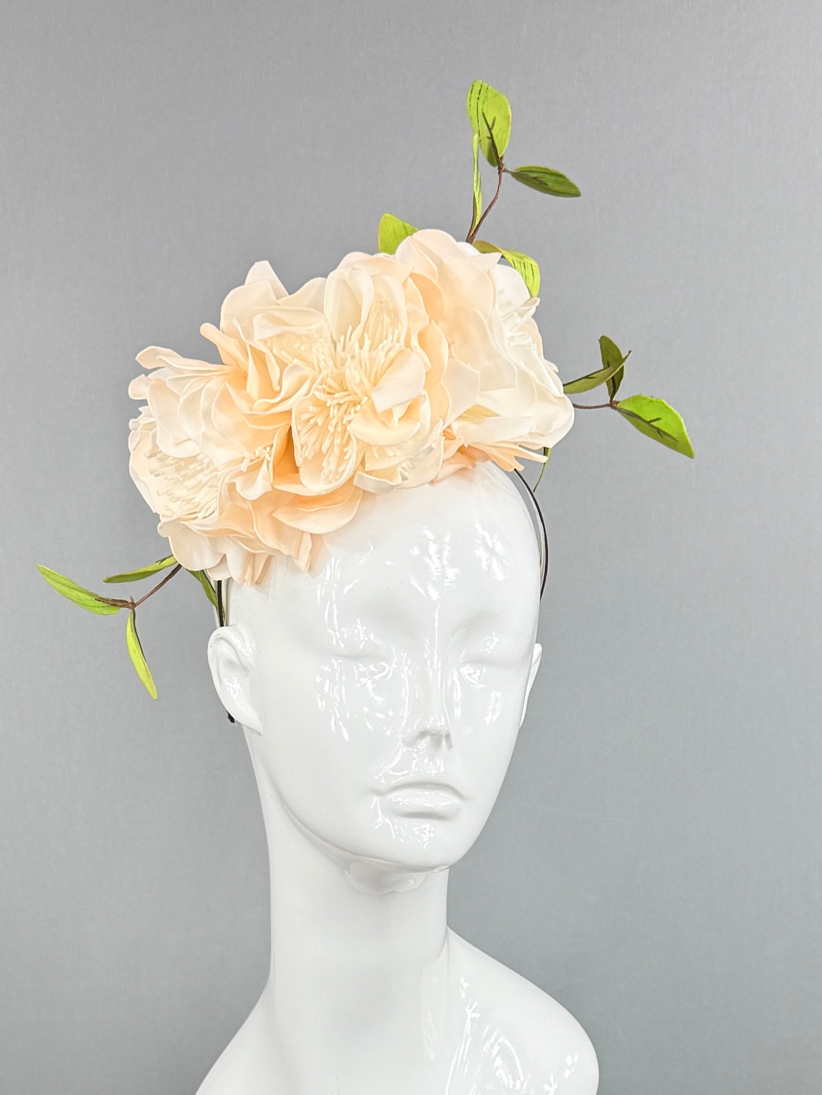 Kentucky Derby Fascinator Hat | Cream flowers and green leaves Headpiece | Derbyologie
