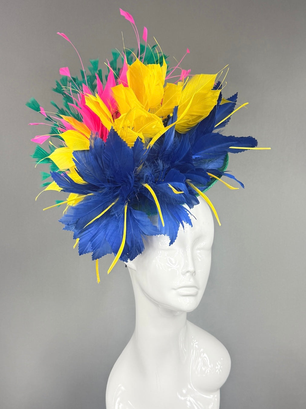 Kentucky Derby Fascinator Hat |  Navy, yellow, pink, and green feathered Headpiece | Derbyologie
