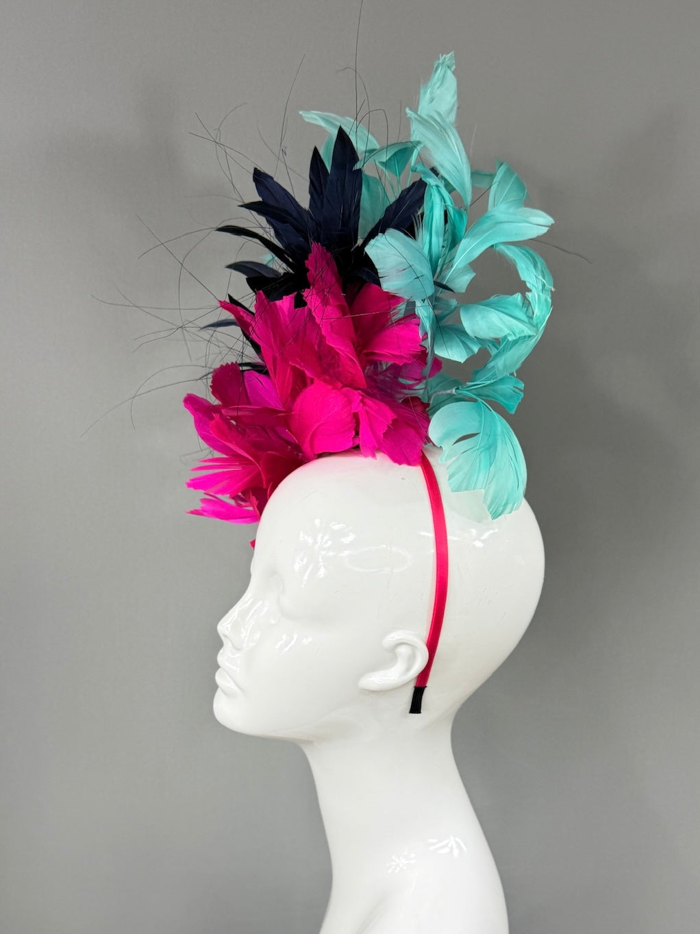Kentucky Derby Fascinator Hat | Pink, navy, and teal feathered Headpiece | Derbyologie
