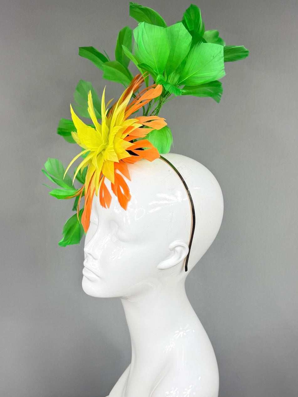 Kentucky Derby Fascinator Hat |  Yellow and Orange feathered dahlia and green feathers Headpiece | Derbyologie