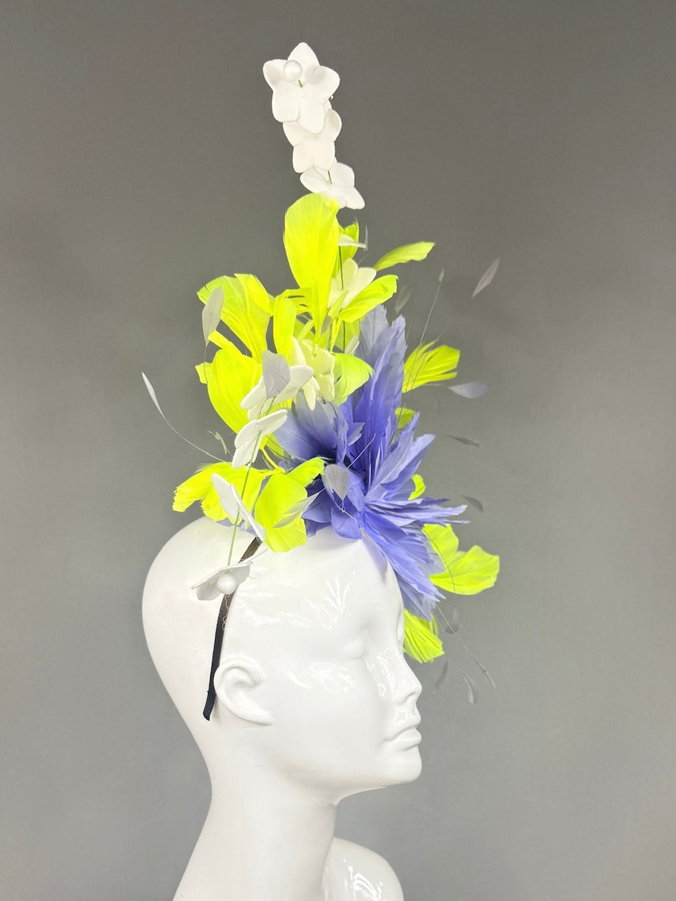 Kentucky Derby Fascinator Hat |  Purple and lime green feathers and white flowers Headpiece | Derbyologie