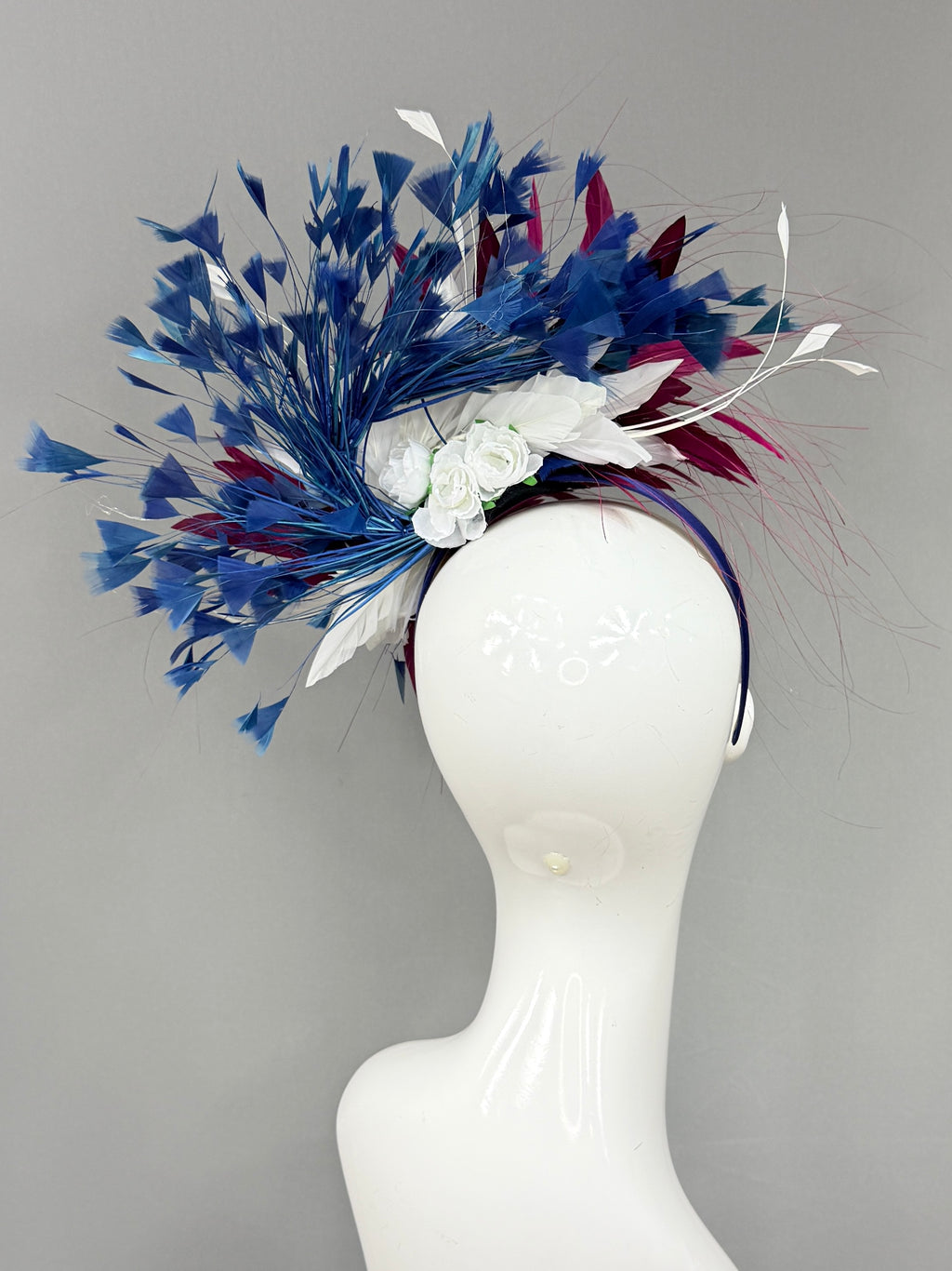 Kentucky Derby Fascinator Hat | Burgundy, white, and blue feathered Headband Hat | Derbyologie