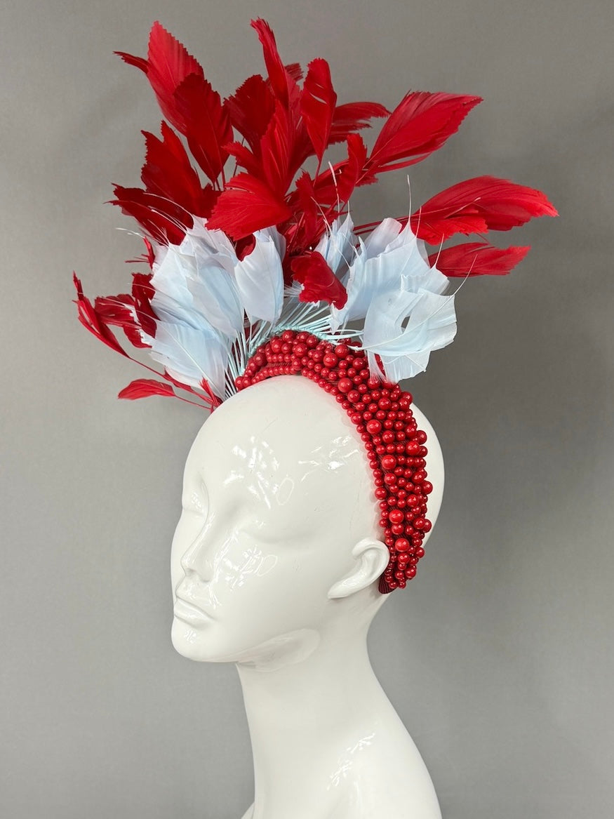Kentucky Derby Fascinator Hat | Red and light blue feathered Headpiece | Derbyologie