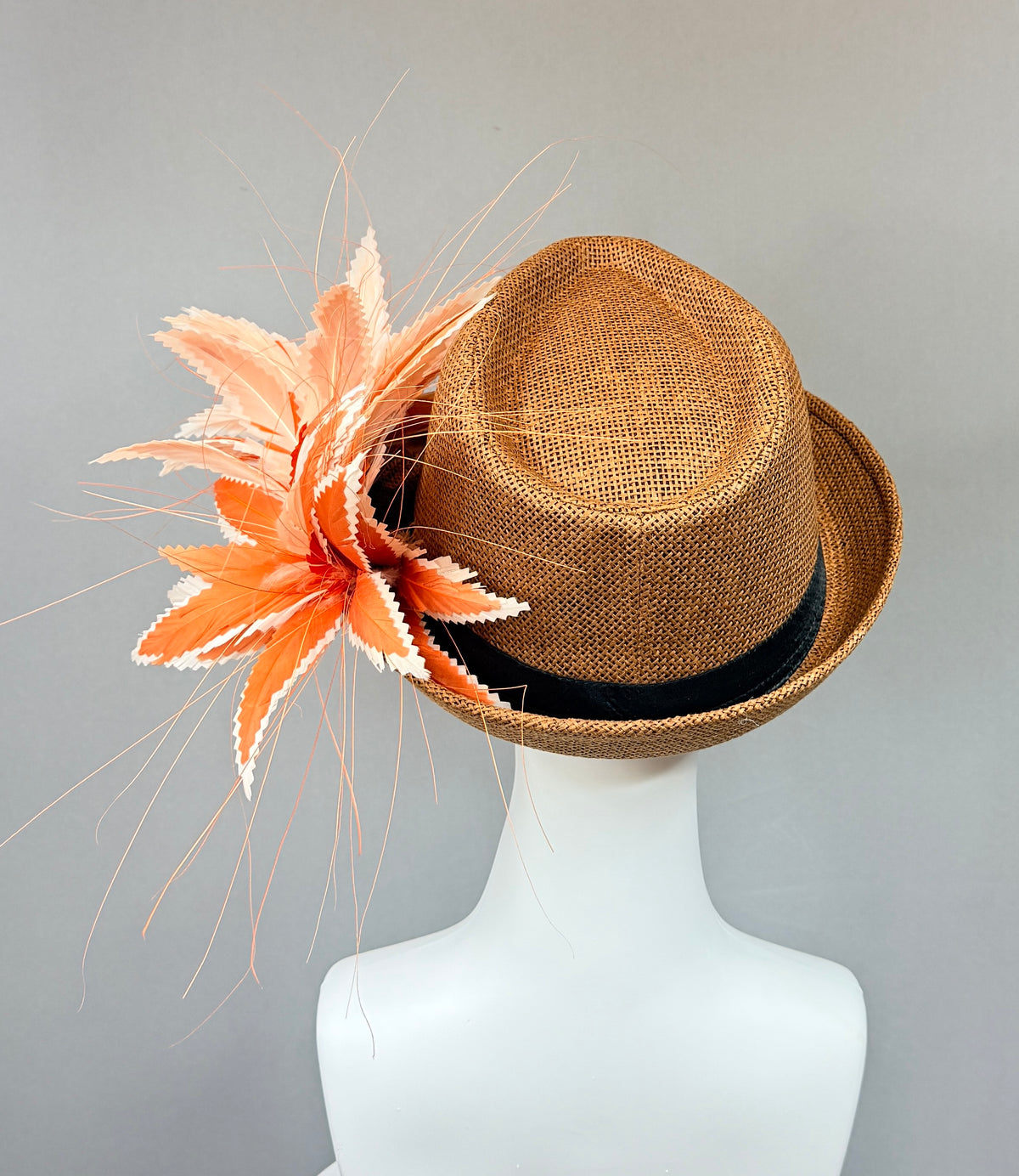 Kentucky Derby Men’s Hat | Brown Straw Fedora, Orange Feather Hat| Derbyologie