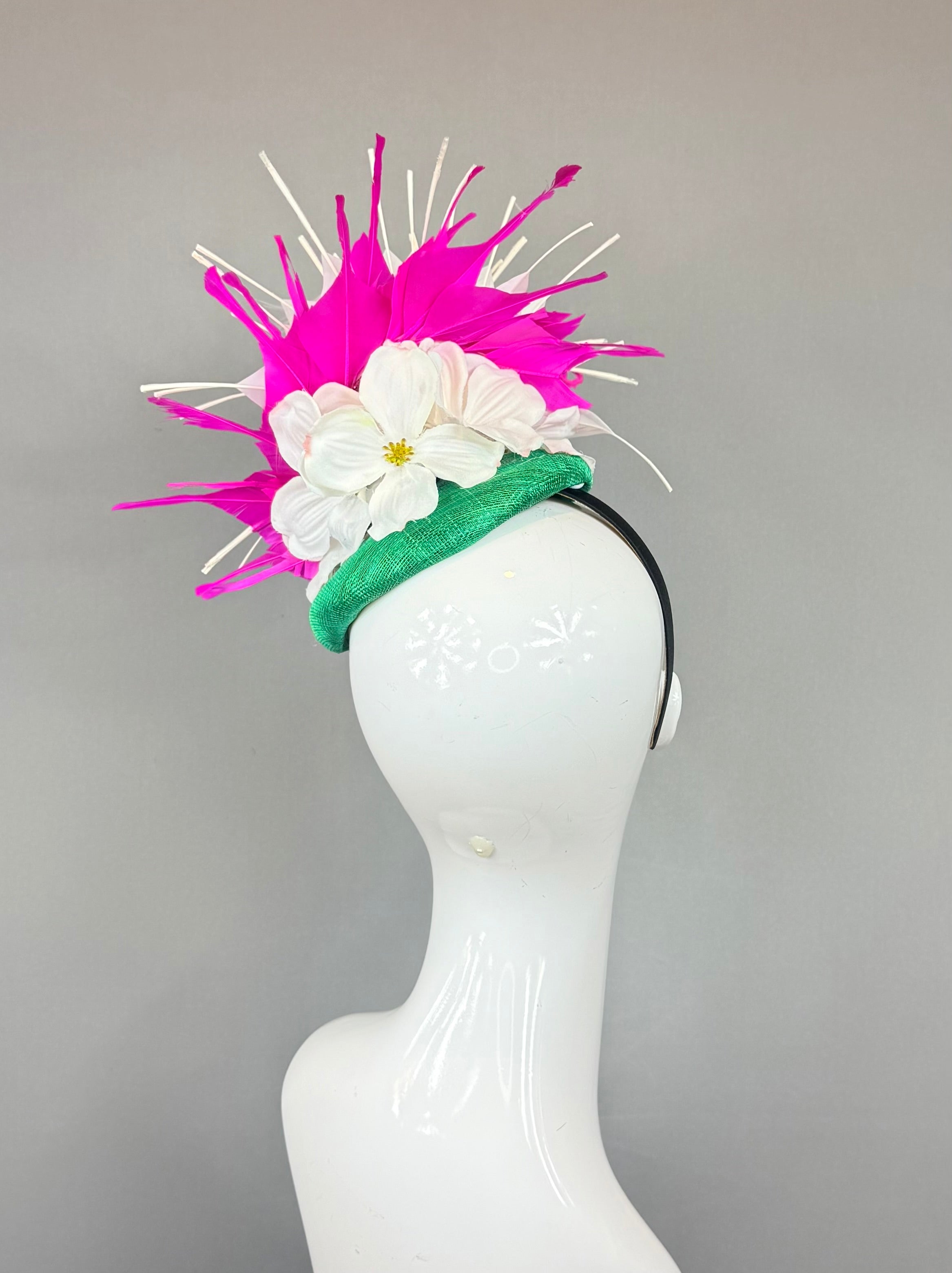 Kentucky Derby Fascinator Hat | Pink, Green Feather Headpiece| Derbyologie