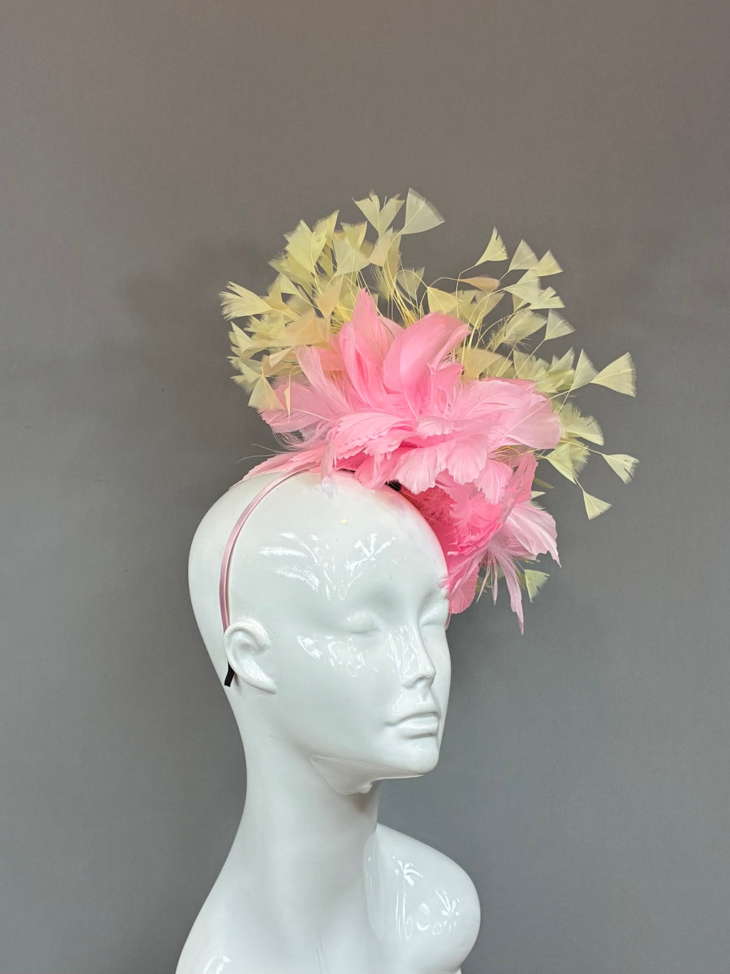 Kentucky Derby Fascinator Hat | Pink and yellow feathered Headband Hat | Derbyologie