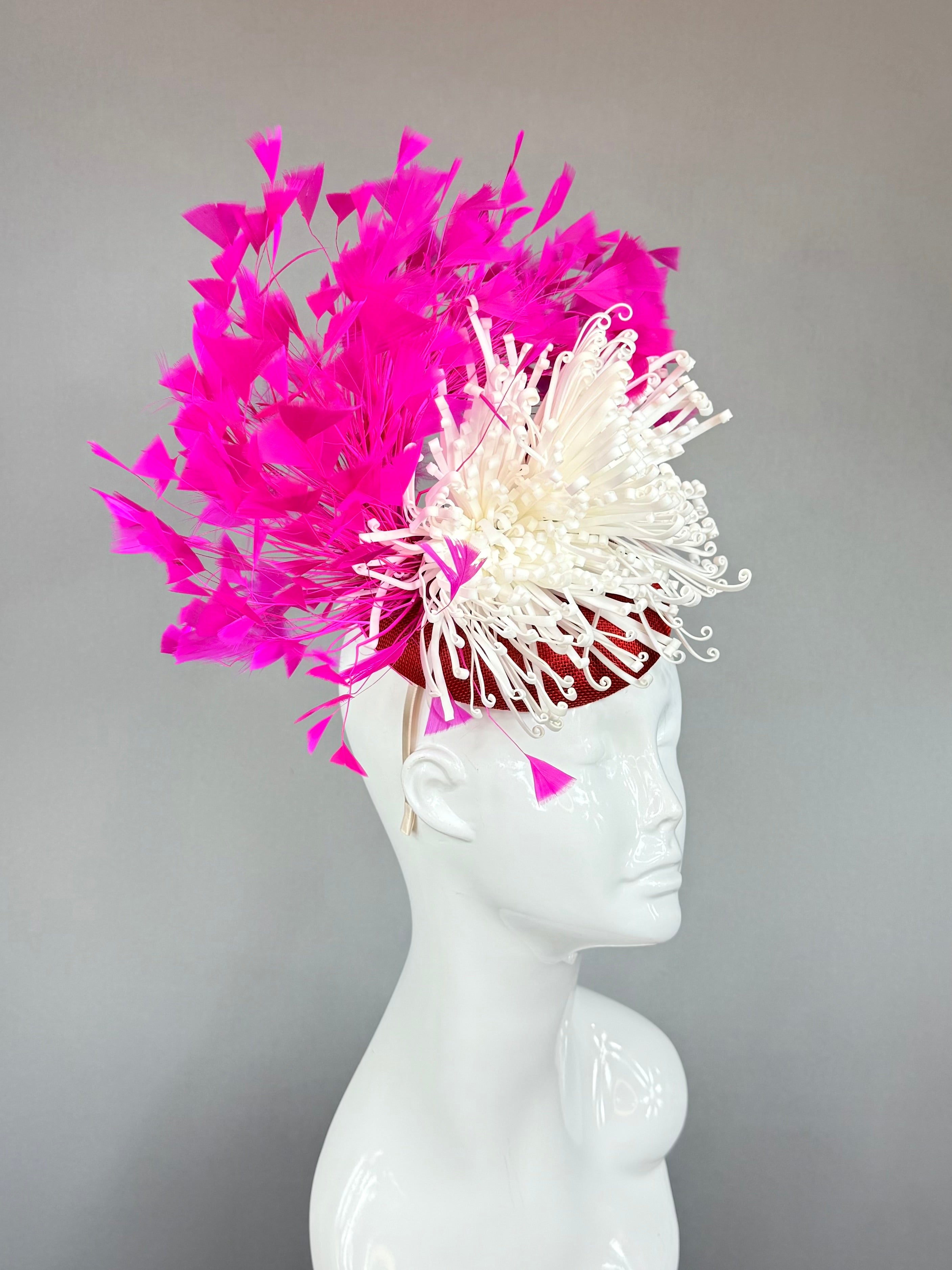 Kentucky Derby Fascinator Hat | Pink, Red & white Feather Headpiece | Derbyologie