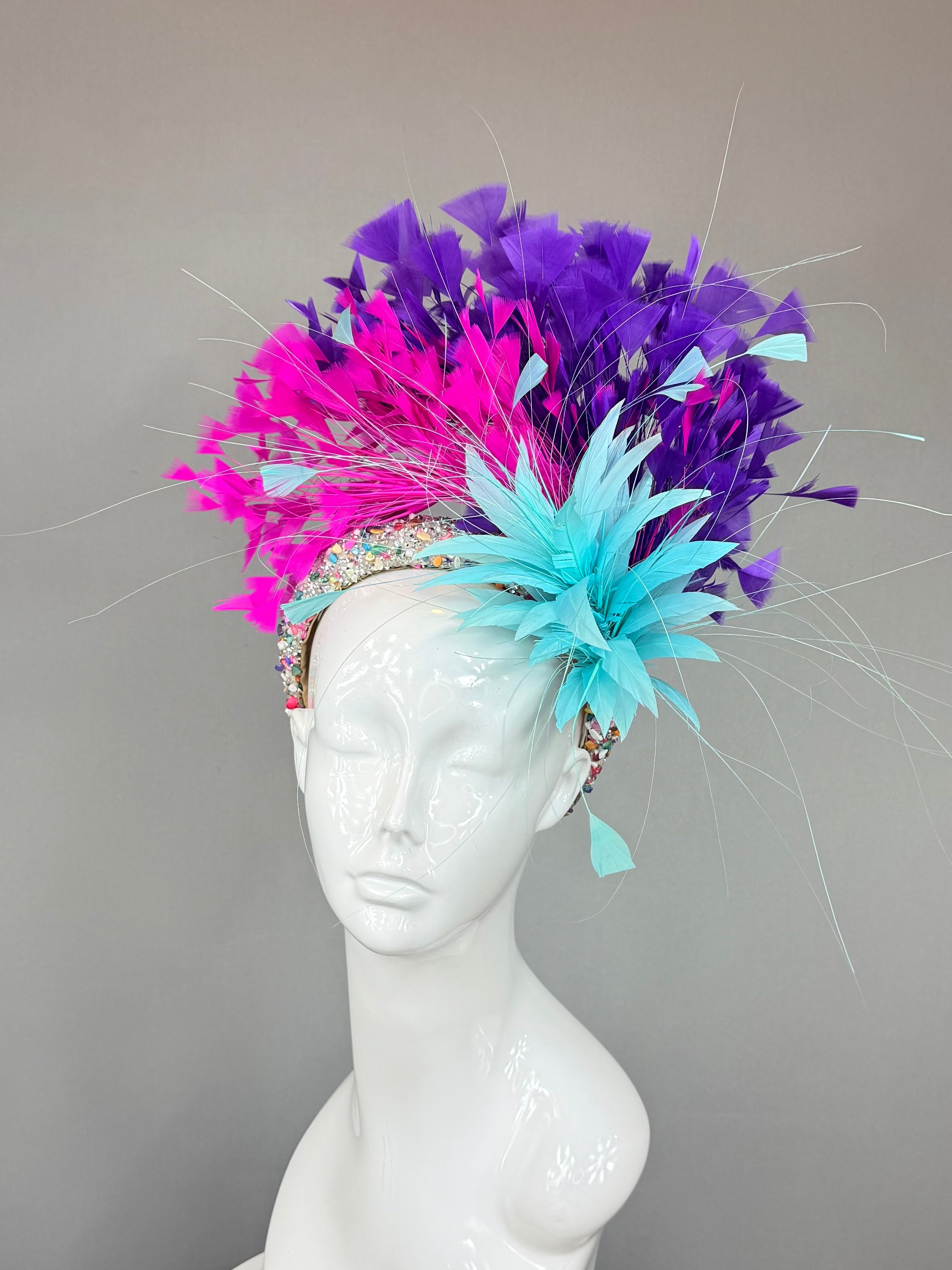 Kentucky Derby Fascinator Hat | Pink, Purple, Turquoise Feather Headpiece| Derbyologie