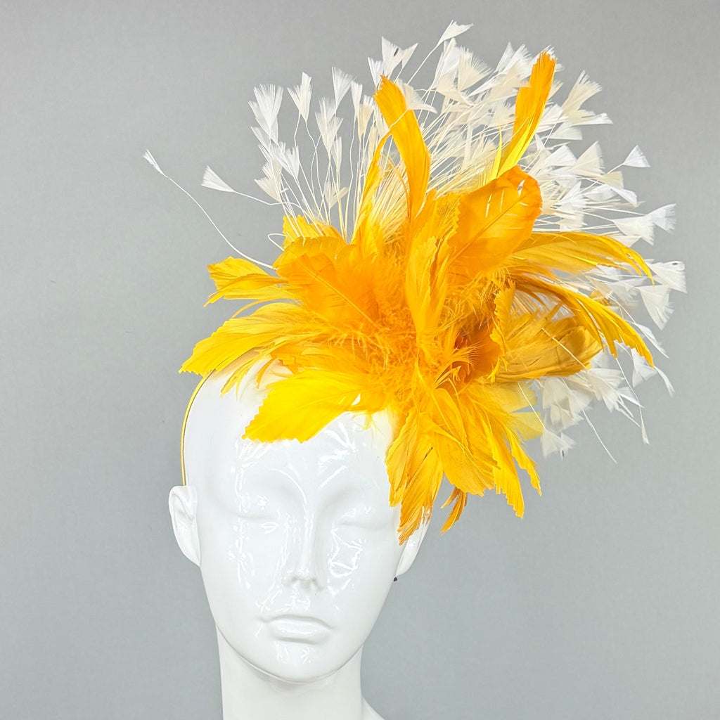 Kentucky Derby Fascinator Hat | White and yellow feathered Headband Hat | Derbyologie