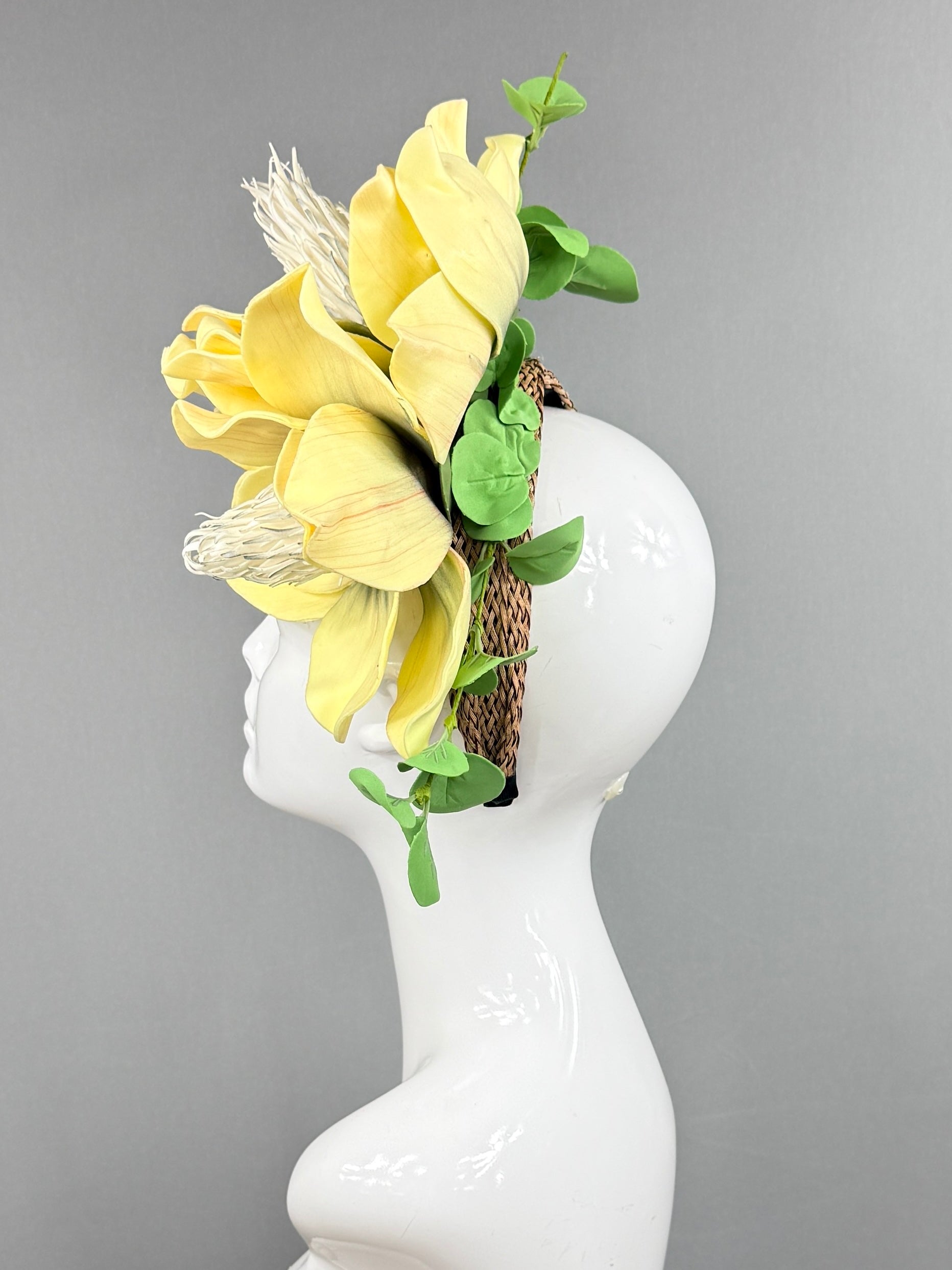 Kentucky Derby Fascinator Hat | Yellow magnolias with green eucalyptus Headpiece | Derbyologie