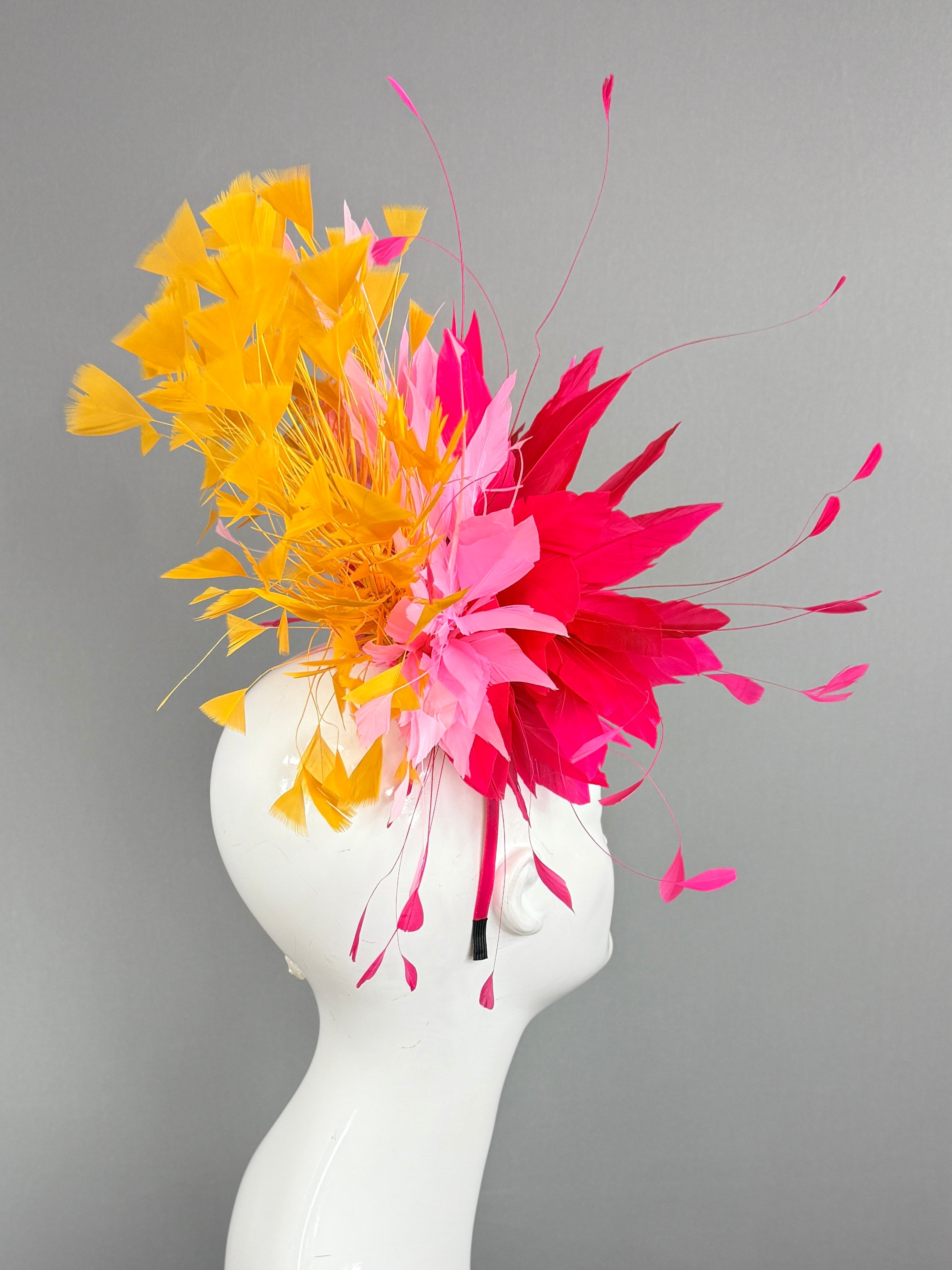 Kentucky Derby Fascinator Hat | fuchsia, pink, and yellow feathered Headpiece | Derbyologie