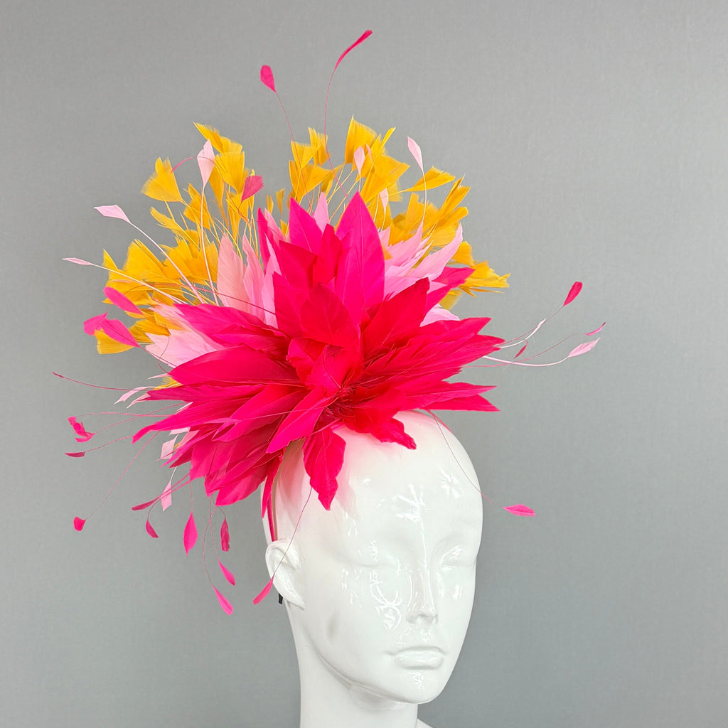 Kentucky Derby Fascinator Hat | fuchsia, pink, and yellow feathered Headpiece | Derbyologie