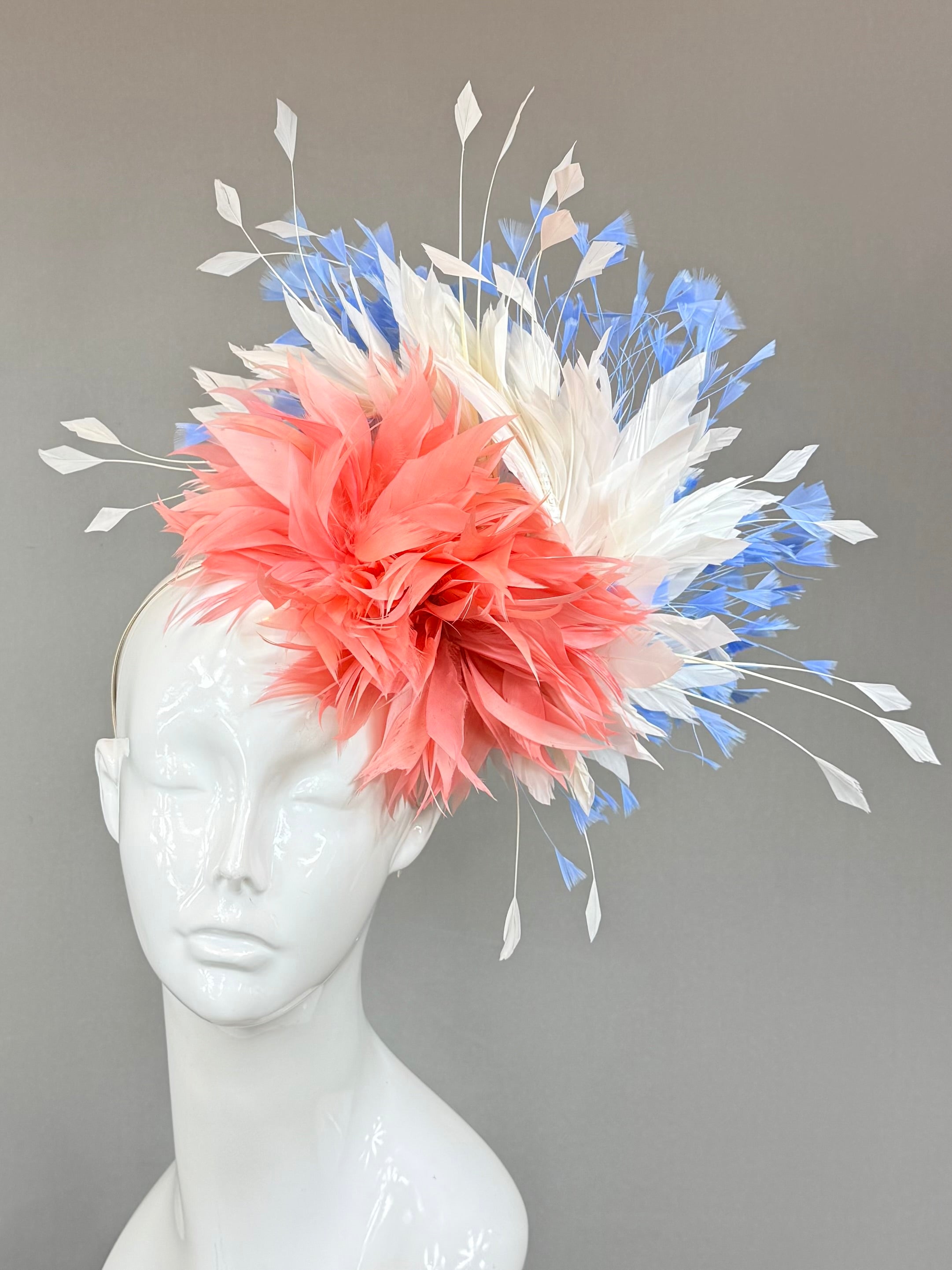 Kentucky Derby Fascinator Hat | Coral, white, and blue feathered Headband Hat | Derbyologie