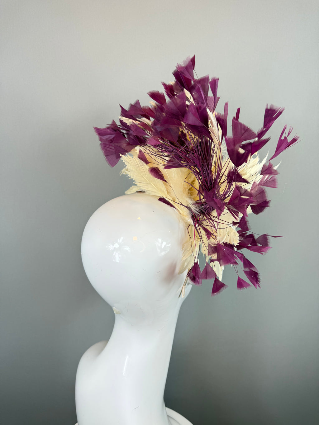 Kentucky Derby Fascinator Hat | Maroon Purple and Ivory Feather Headpiece | Derbyologie
