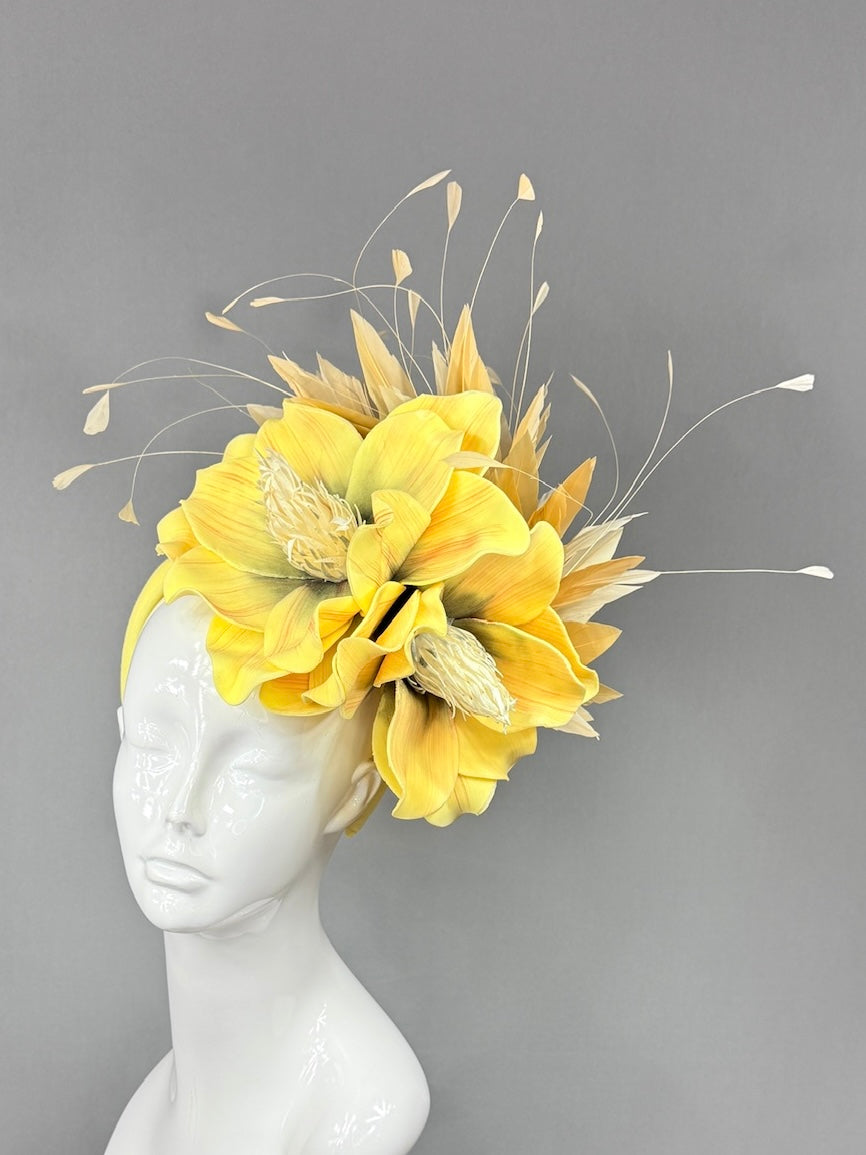 Kentucky Derby Fascinator Hat |oversized yellow magnolias and beige feathers Headpiece | Derbyologie