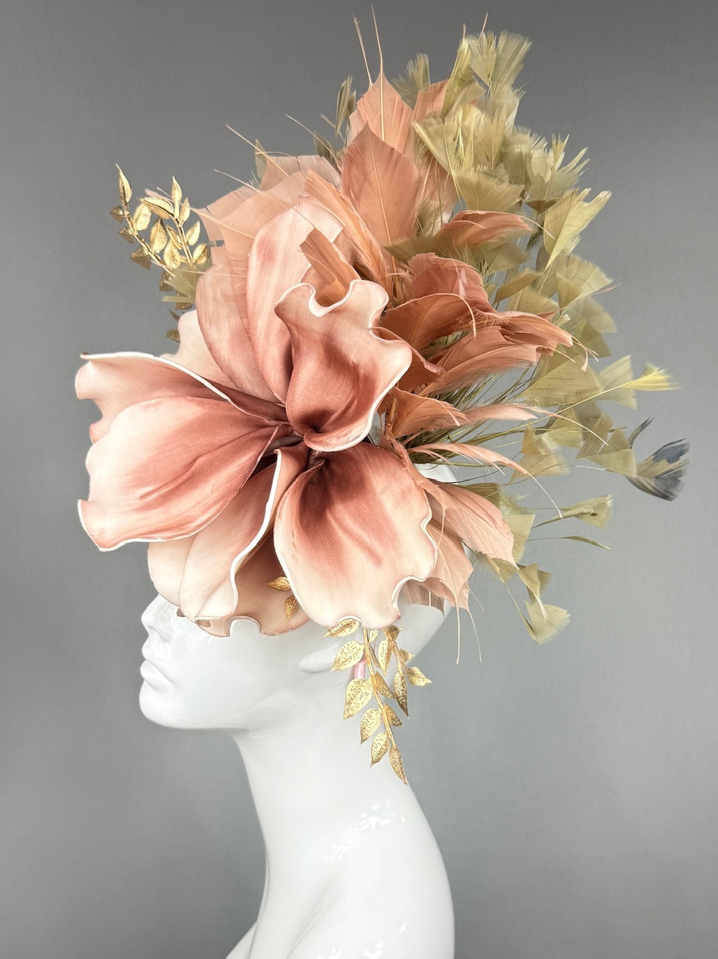 Kentucky Derby Fascinator Hat |  oversized blush magnolia, gold and beige accents Headpiece | Derbyologie