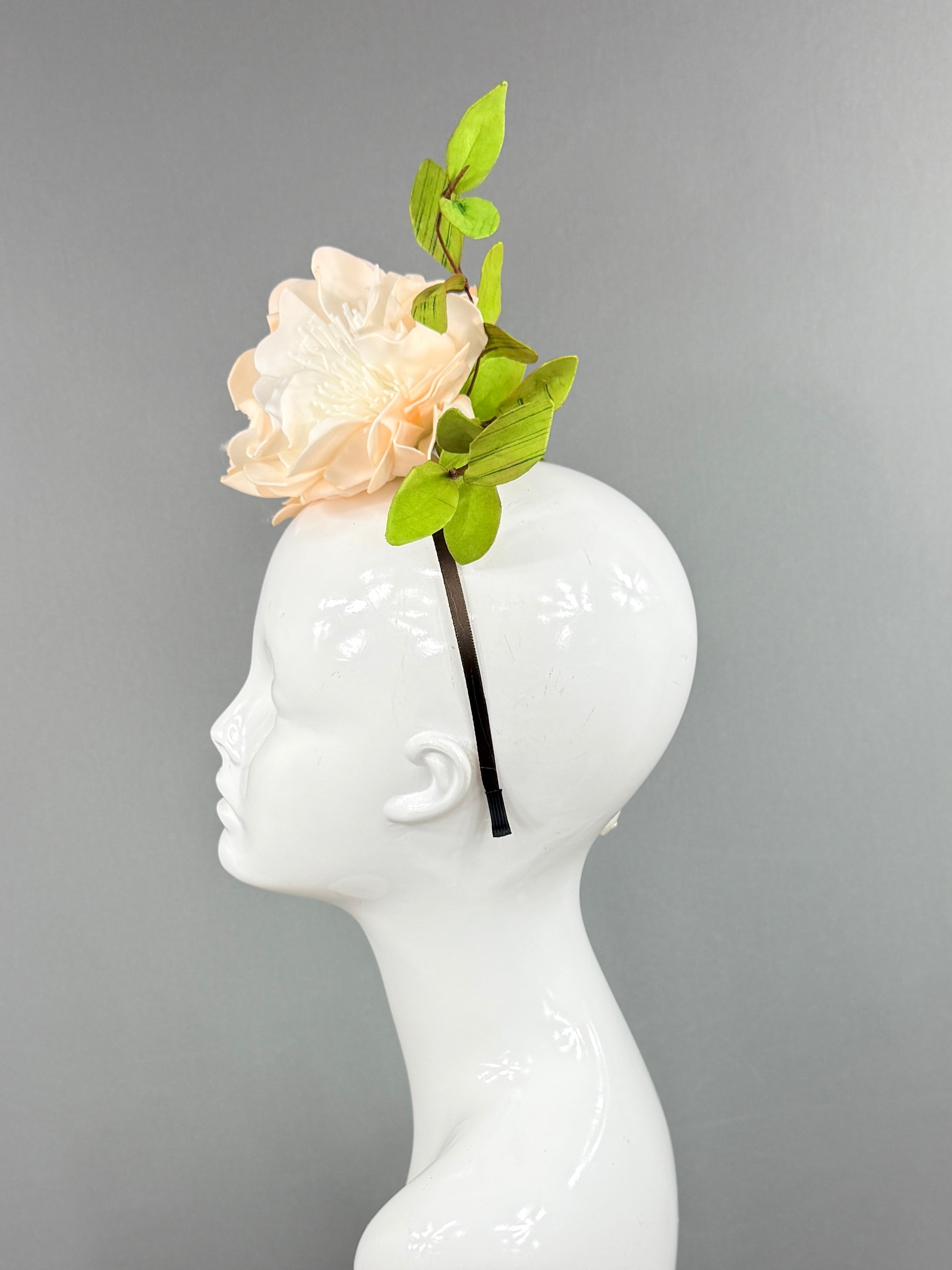 Kentucky Derby Fascinator Hat | Cream flowers and green leaves Headpiece | Derbyologie