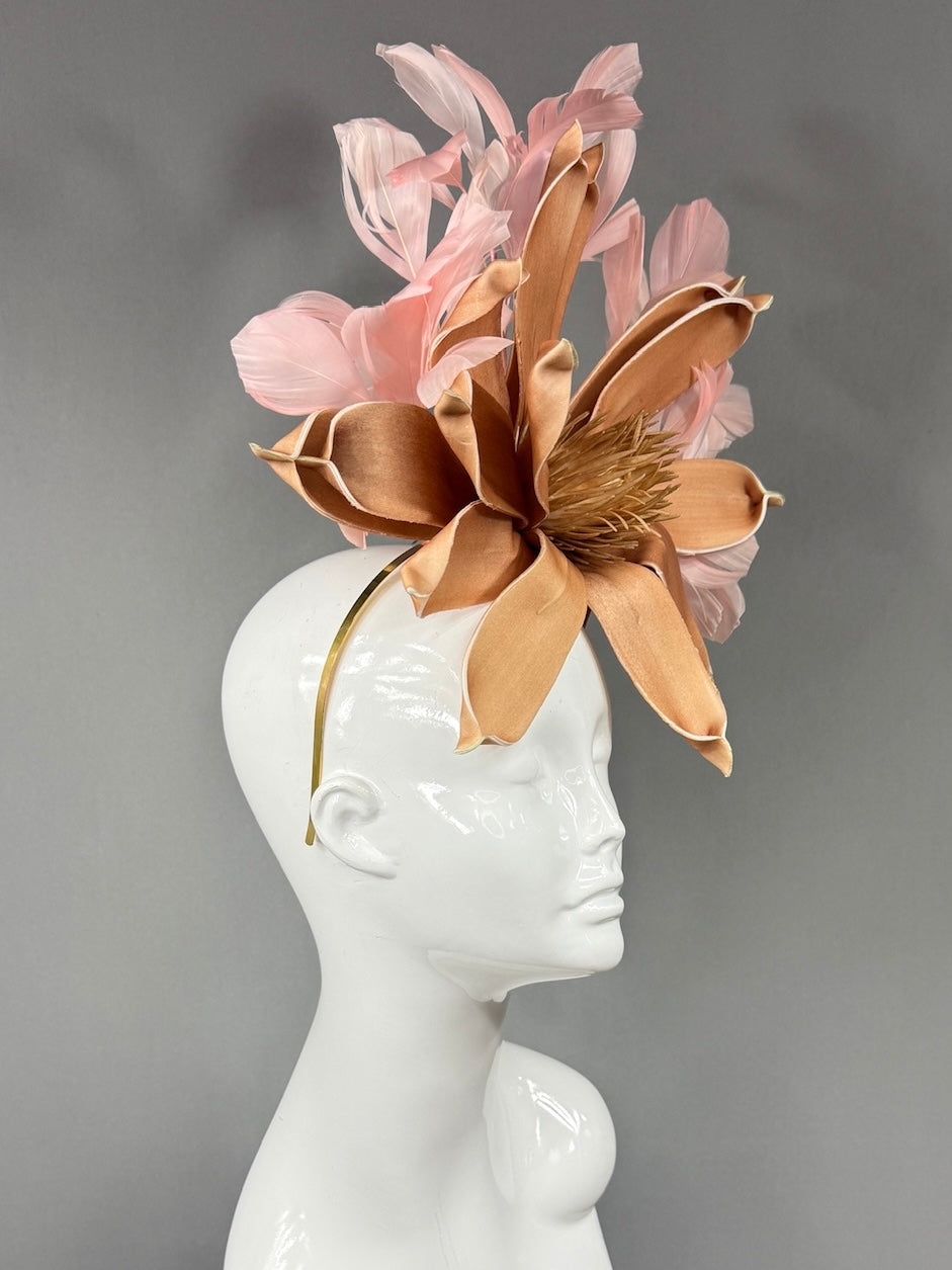 Kentucky Derby Fascinator Hat | Brown daisy and pink feathered Headpiece | Derbyologie