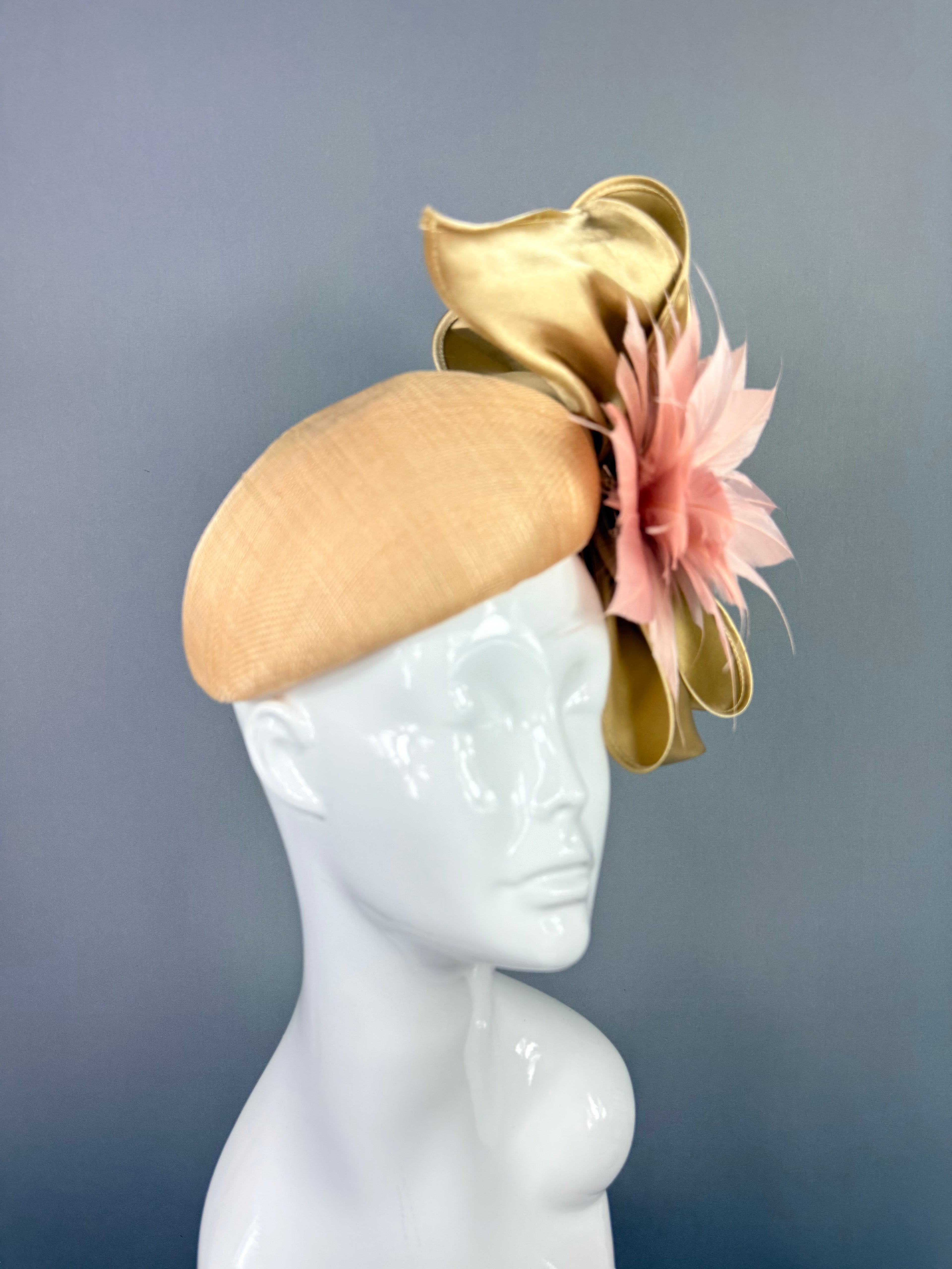 Kentucky Derby Fascinator Hat | Peachy Pink & Gold Bow Headpiece | Derbyologie