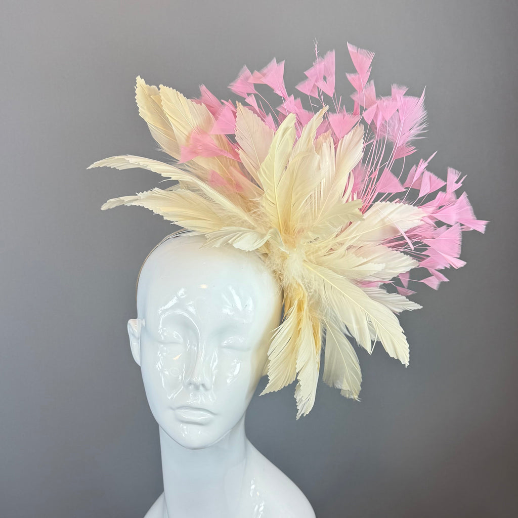 Kentucky Derby Fascinator Hat | Pink & Beige Feather Flower Headpiece | Derbyologie