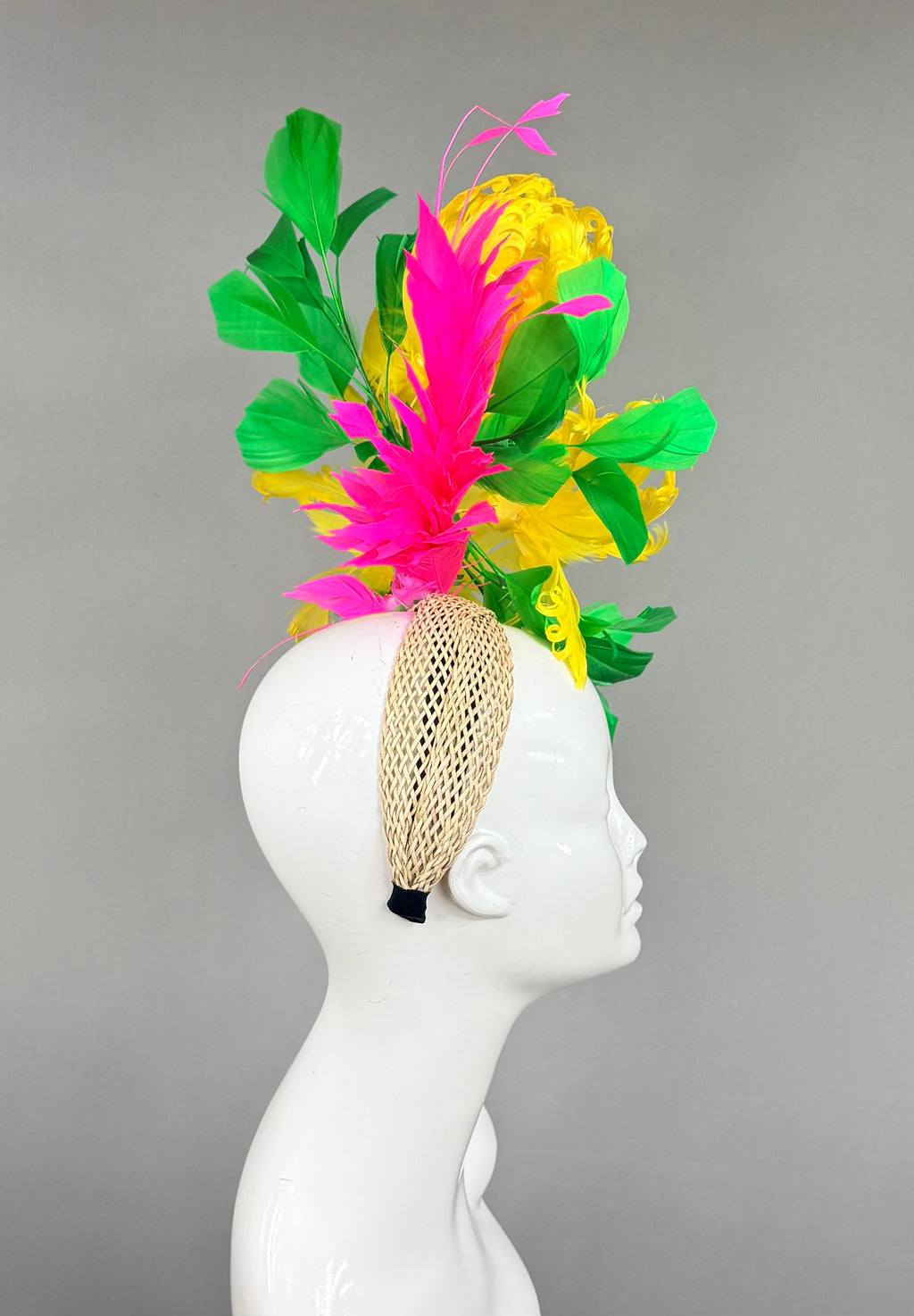 Kentucky Derby Fascinator Hat | Yellow Pink & Green Feather Fascinator Hat | Derbyologie