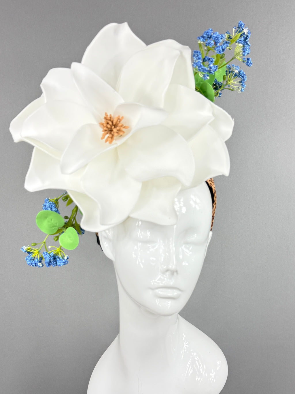 Kentucky Derby Fascinator Hat | White magnolia with blue and green flowers Headpiece | Derbyologie