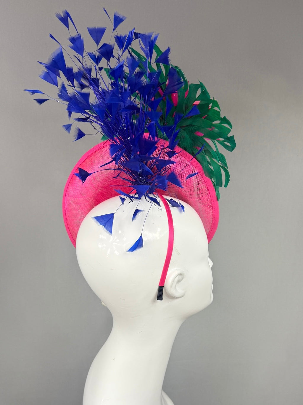 Kentucky Derby Fascinator Hat |  Pink and green feathered dahlia with blue feathers Headpiece | Derbyologie