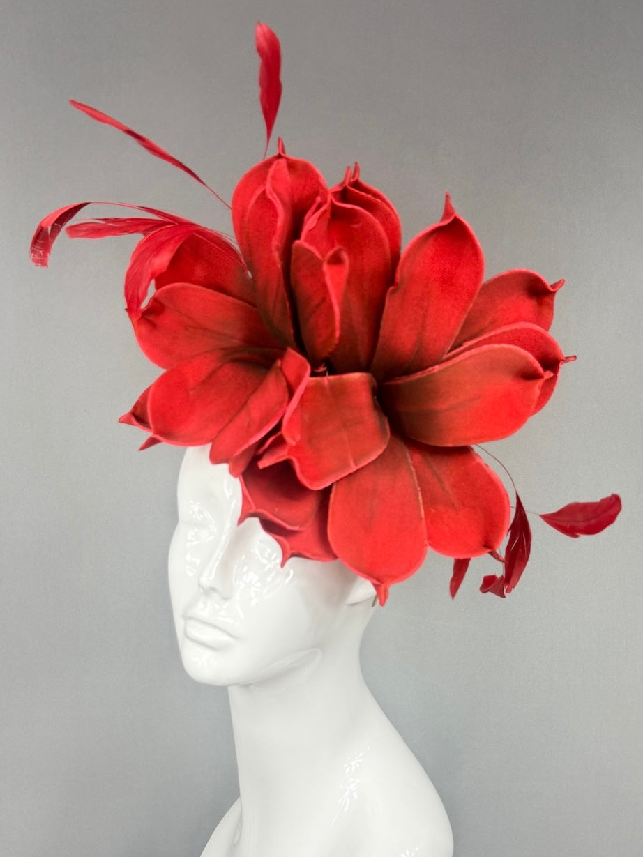 Kentucky Derby Fascinator Hat |  Red magnolias and feathers  Headpiece | Derbyologie