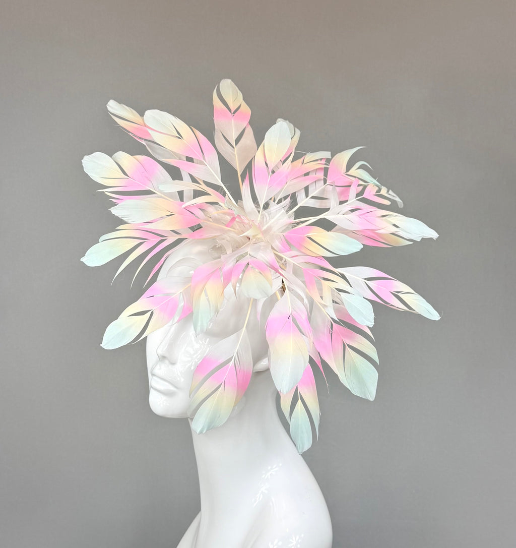 HUGE tie-dyed feather flower Kentucky Derby Fascinator, derby hat Kentucky Derby Hat, Feather Fascinator, (GOLD LINE)
