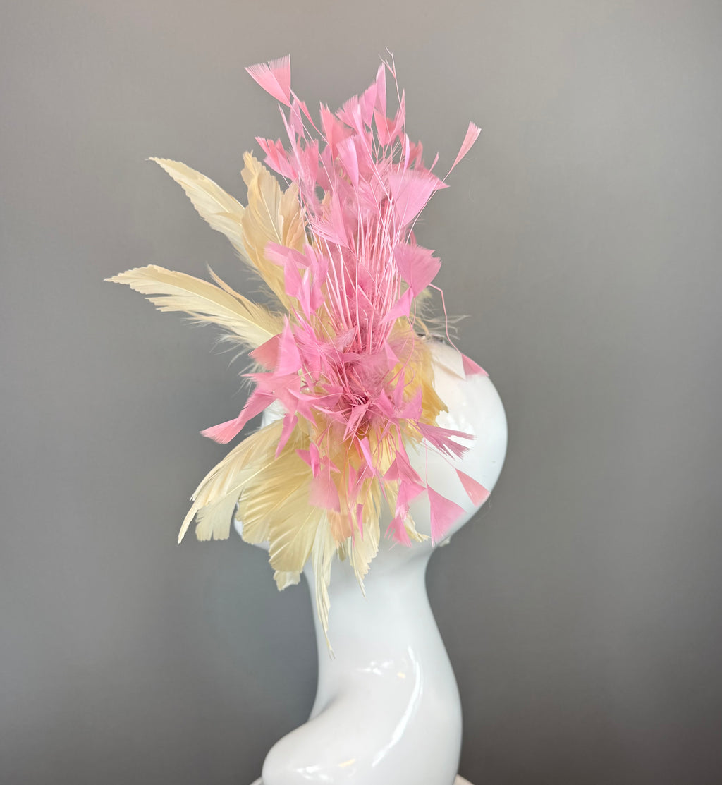 Kentucky Derby Fascinator Hat | Pink & Beige Feather Flower Headpiece | Derbyologie