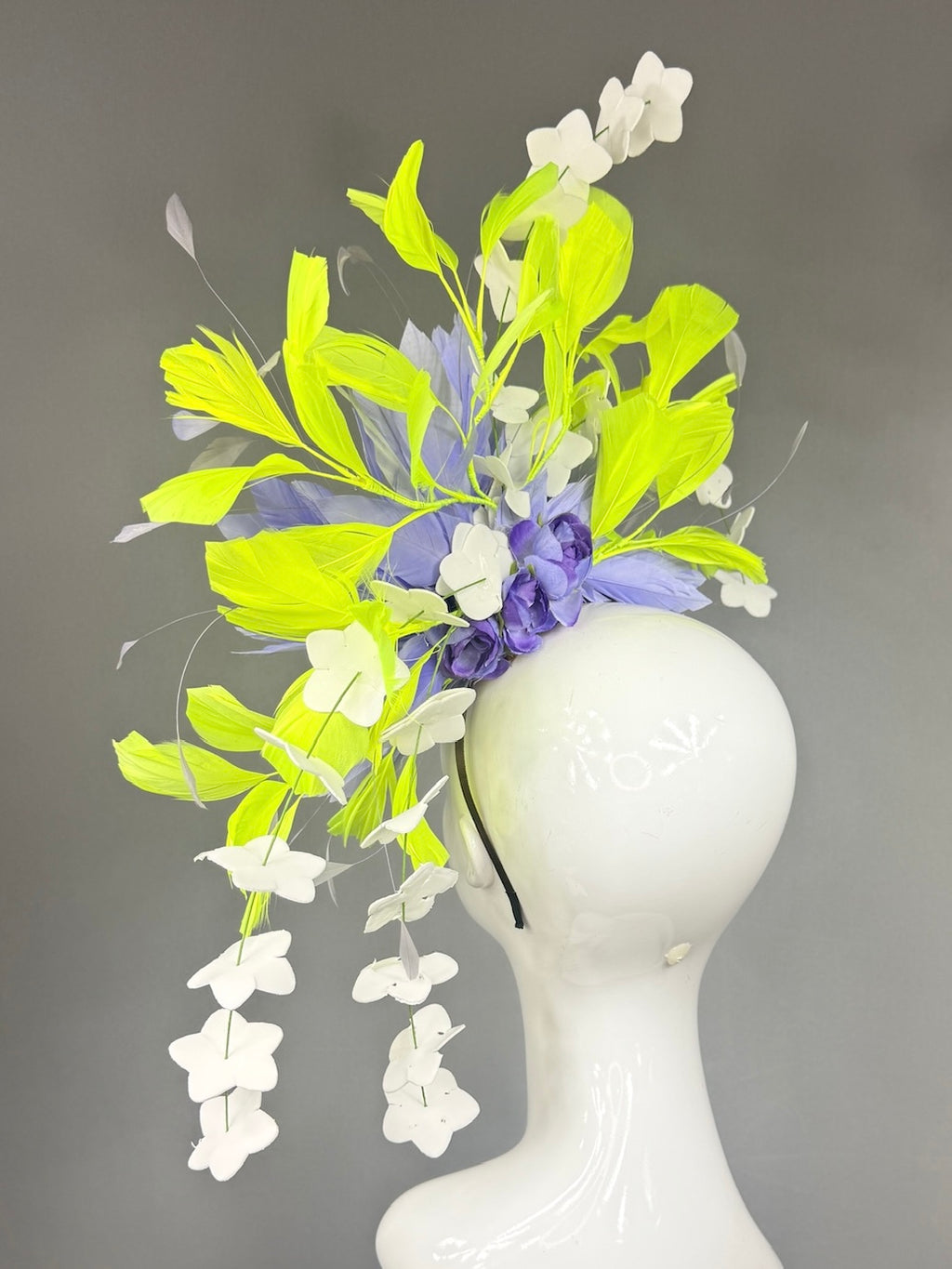 Kentucky Derby Fascinator Hat |  Purple and lime green feathers and white flowers Headpiece | Derbyologie