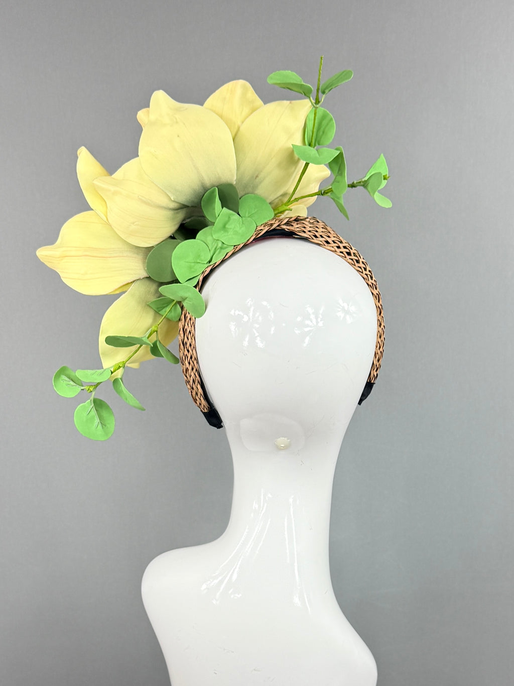 Kentucky Derby Fascinator Hat | Yellow magnolias with green eucalyptus Headpiece | Derbyologie