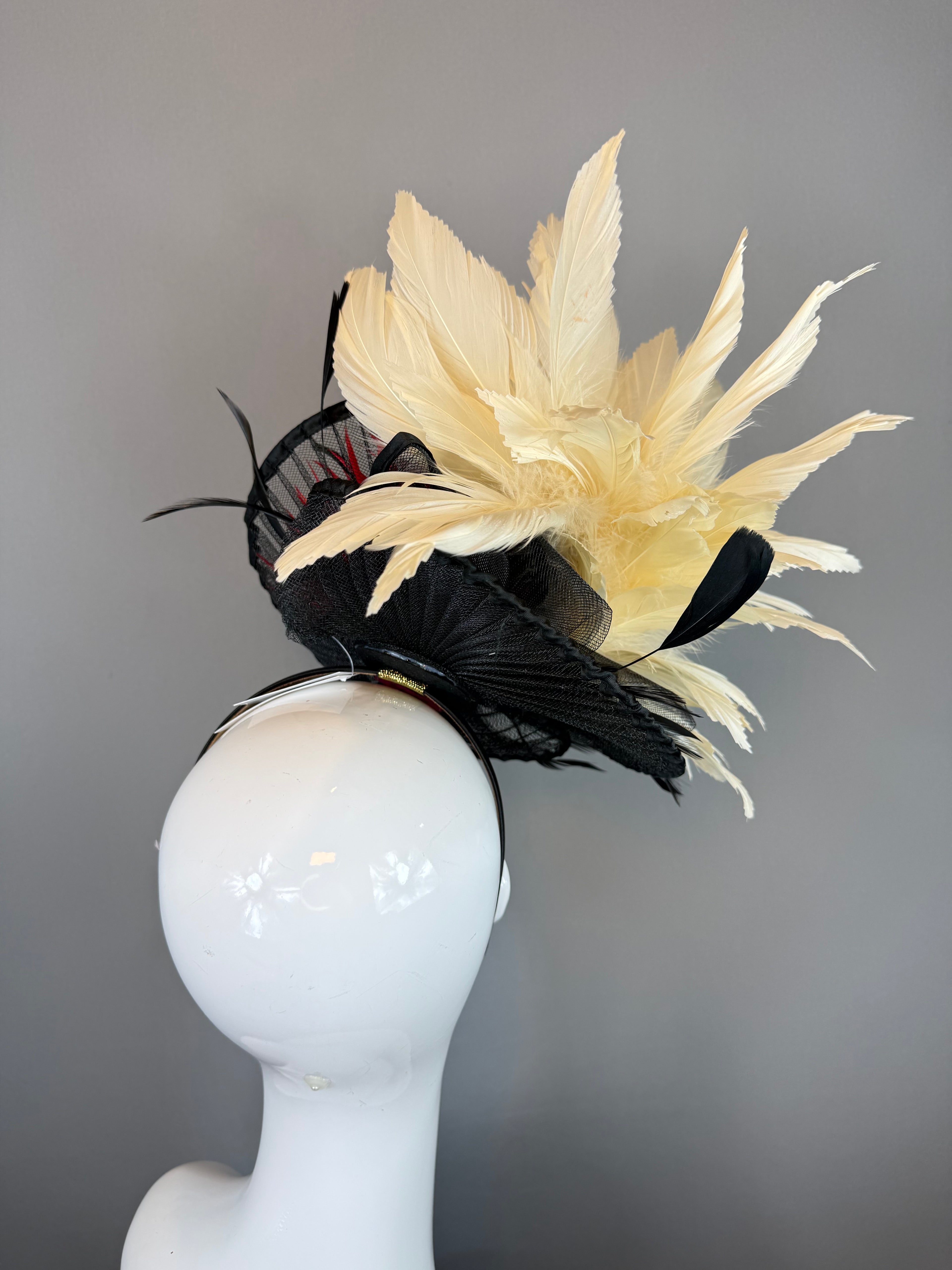 Kentucky Derby Fascinator Hat | Black, red, cream feather Headpiece | Derbyologie