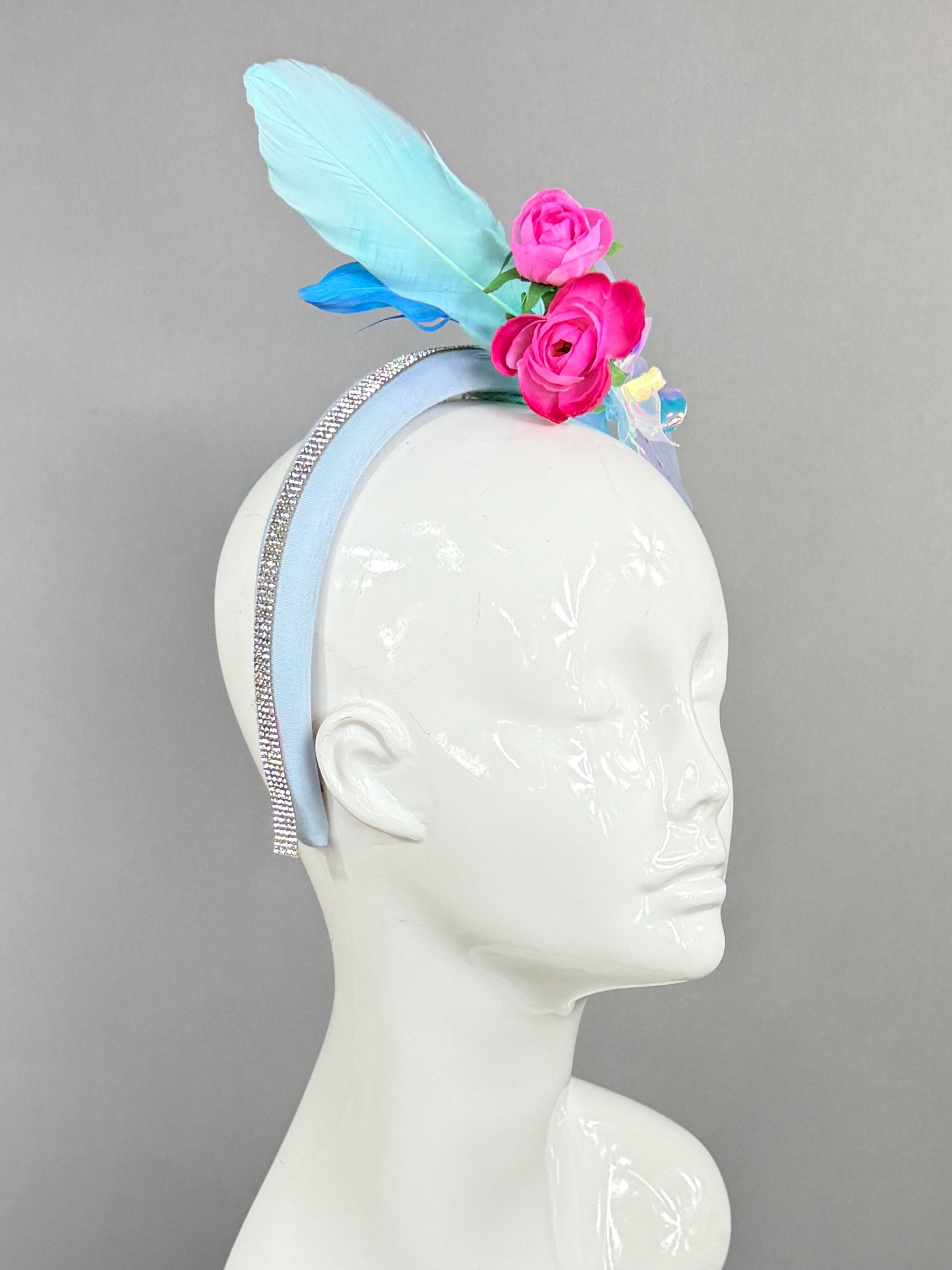 Kentucky Derby Fascinator Hat |Blue, pink, and iridescent Headpiece, created by a 6 year old | Derbyologie